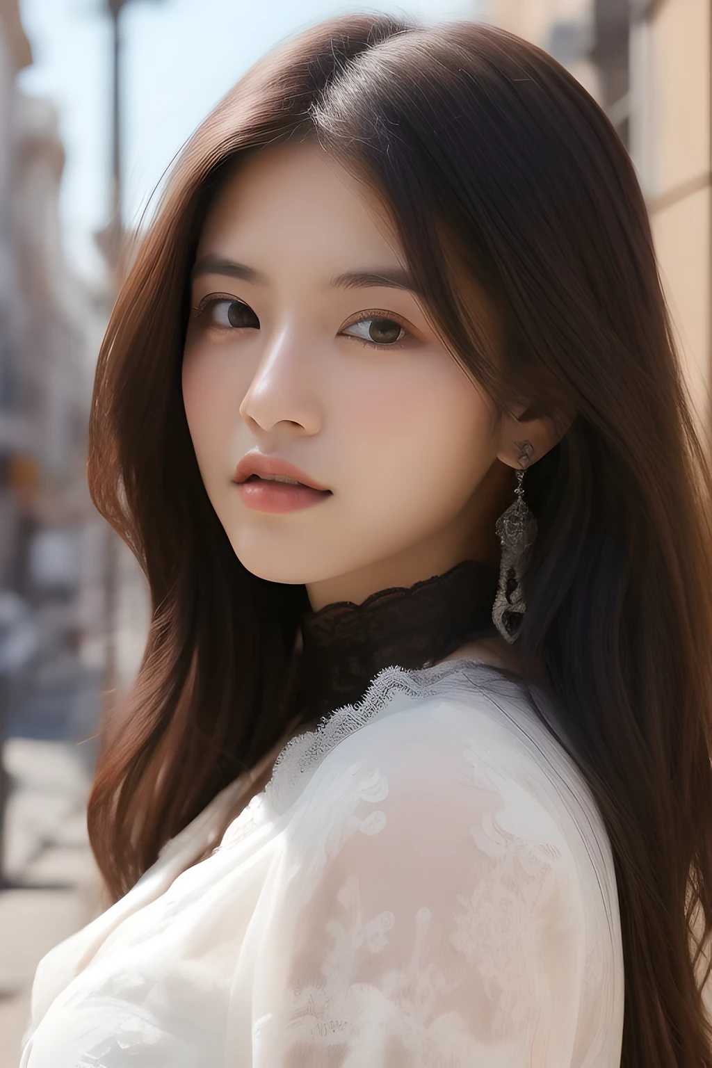 Ulchan-6500-v1.1,(masterpiece, highest quality:1.3), (Ultra-detailed 8K:1.2), (hyperrealistic:1.35),(Raw photo:1.2),highest quality, High resolution, wallpaper, realistic, bright lighting, professional lighting, face light, smooth lighting, break (japanese woman:1.3), 18-year-old, beauty, action, gravure, sexy, super beautiful, beautiful skin, beautiful and detailed eyes, detailed face, slim, moderately, clean long hair, brunette hair, dark brown eyes, look at the camera, (full shot:1.3), (european gothic cityscape:1.3),(lace dress, Fabric texture details:1.3),Render with ArtStation, Trending on CGsociety, sharp focus, dramatic, Realistic Painting Art by Midjourney