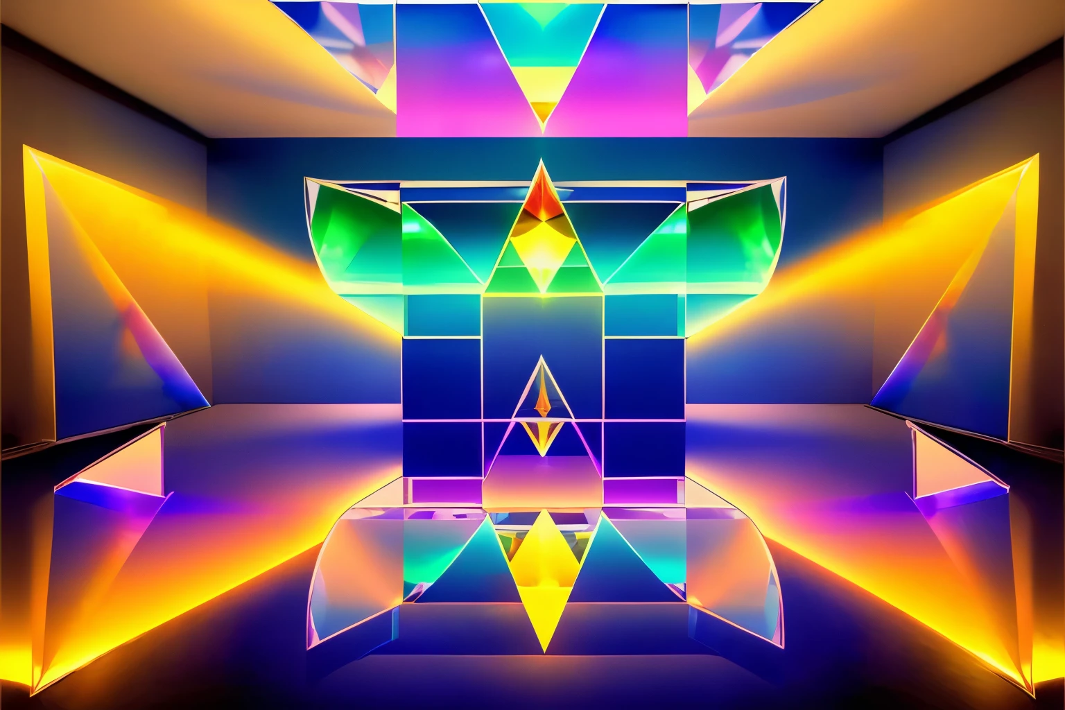 (masterpiece, 32k, best quality:1.4), (refraction of Light:1.7), colorful lasers are projected onto the numerous mirrors of various sizes randomly placed throughout the room, creating irregular, diffused (reflections:1.3), creating artistic effect, background dark room