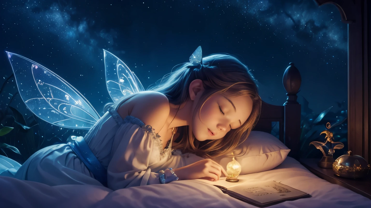 One beautiful fairy with wingagical Night, disney style, magical lullaby, dreamy atmosphere, starry sky, Charming character, bedtime fairy tales, Animated backgrounds, night adventure, Sweet dreams, quirky fantasy, musical night scene, sleepy time, fairy tale atmosphere, high resolution、mysterious