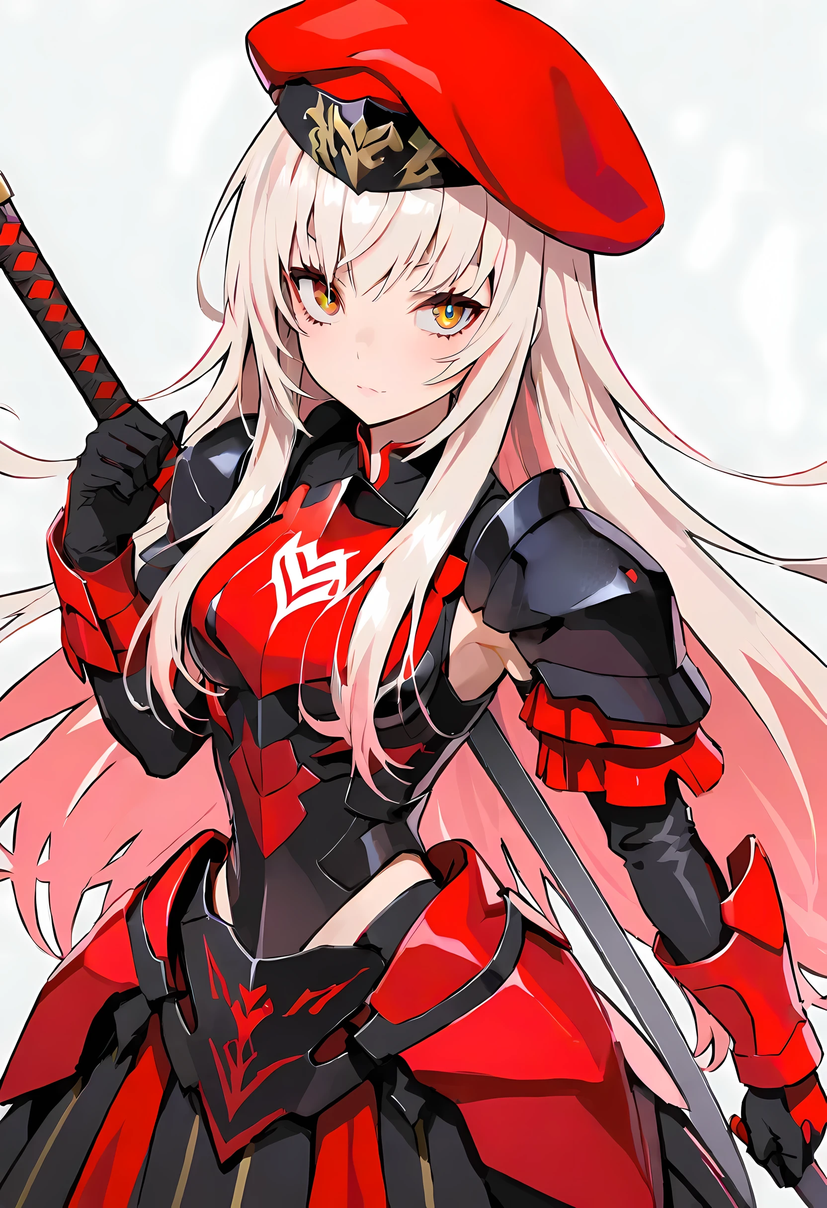Long-haired female albino knight, Wearing heavy armor,Wearing a red hat,Holding a long sword
