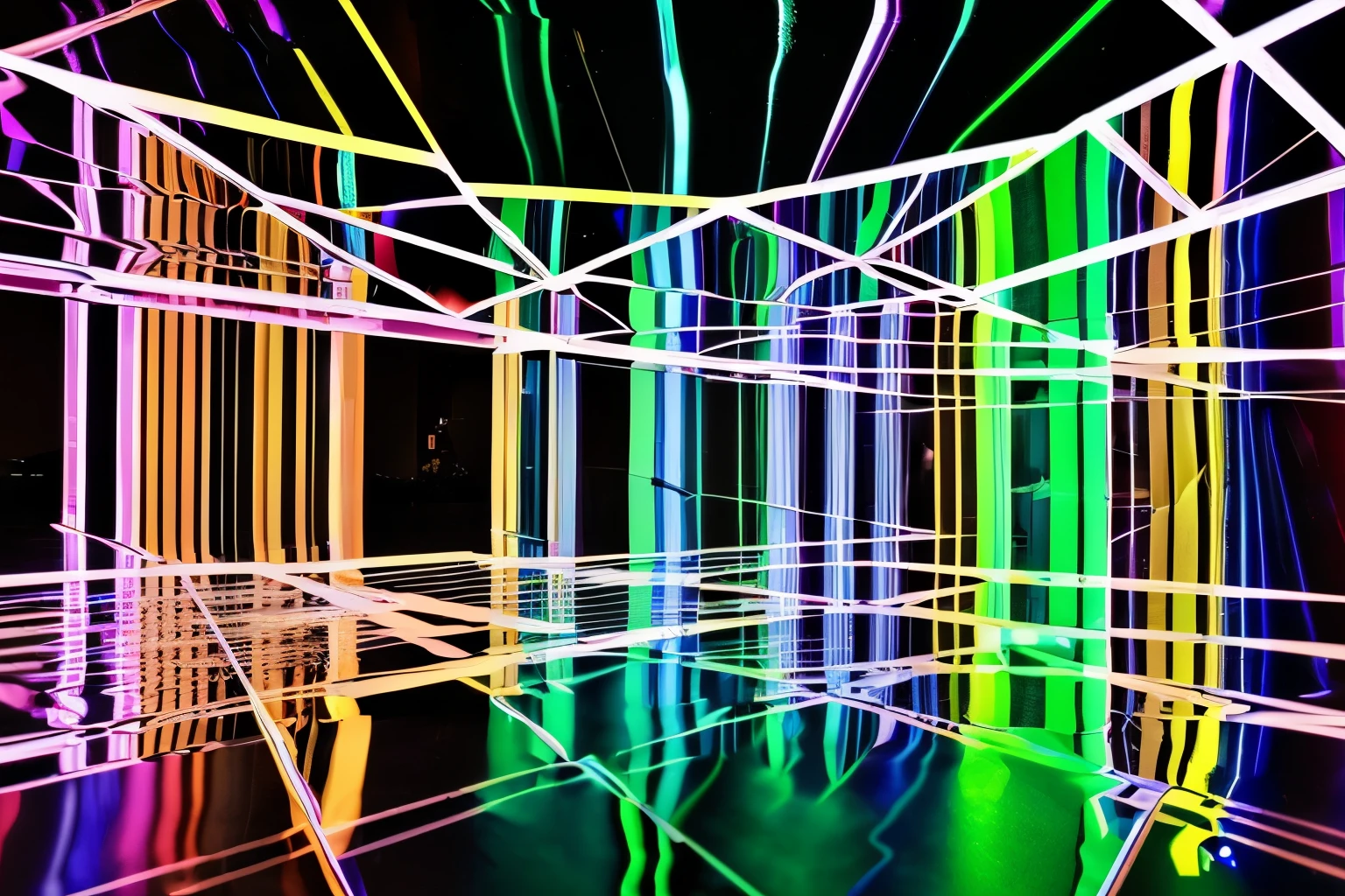 (masterpiece, 32k, best quality:1.4), (refraction of Light:1.7), colorful lasers are projected onto the numerous mirrors of various sizes randomly placed throughout the room, creating irregular, diffused (reflections:1.3), creating artistic effect, background dark room