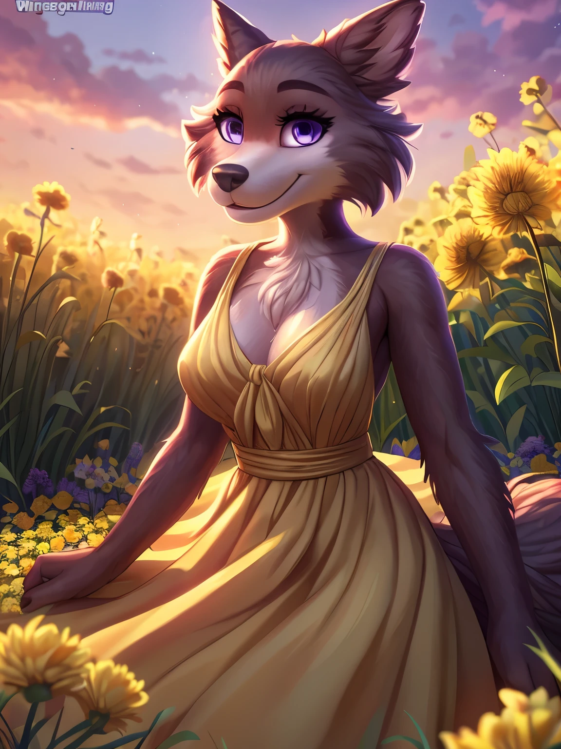 (by whisperingfornothing) solo, furry anthro juno, female, detailed background, (cinematic lighting:1.1), (perfect focus:1.1), 8k hd, photo, (detailed eyes:1.2),depth of field, bokeh, subsurface scattering, perfect breasts, wide angle,(dress, yellow dress), bright colors, (furry detail:1.3),yellow flowers, natural landscape, field of yellow flowers,sky with clouds, sunny day, brown fur,brown body,fur body,purple eyes,anthro wolf girl, detailed fur, fluffy fur,(short tail),(detailed pixar purple eyes:1.2),smile, seductive smile,athletic body