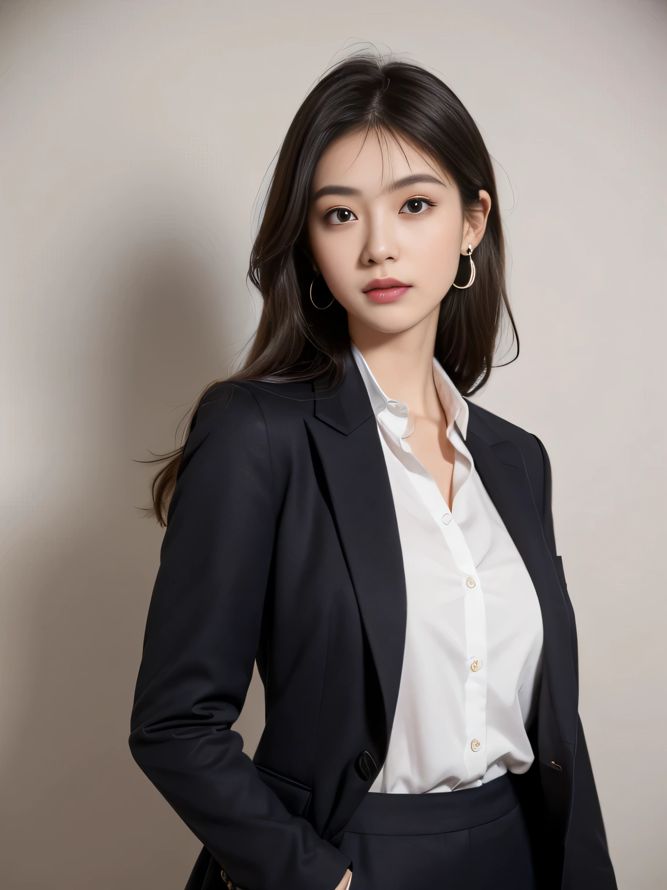 (master piece:1.2),(8k high resolution), (highest quality), (RAW image quality), (It&#39;s photorealistic:1.37), ,large eyes,long eyelashes,It&#39;s exquisite,（Live-action realistic style）,ultimate face,Photorealistic light and shadow,clear facial features,milky white skin,fair skin, glossy skin, high detail skin,realistic skin details,visible pores,（super detail）,Hair length is random, （flowing hair）,best portrait,Photographed from a distance, 1- Female,beautiful detailed eyes, beautiful detailed nose, highly detailed skin,,(Beautiful face with double eyelids), (Realism: 1.4),(full body image), excellent detail, super high resolution,red lip,earrings ,delicate and beautiful face,,25 year old adult woman,(beautiful face 1.4),slender,(Photographed at the company&#39;s office), (office lady uniform, uniform color is random, It&#39;s a naked jacket),very beautiful office lady,,(standing in an office), Wearing a naked suit jacket ,Make eye contact with your audience, 