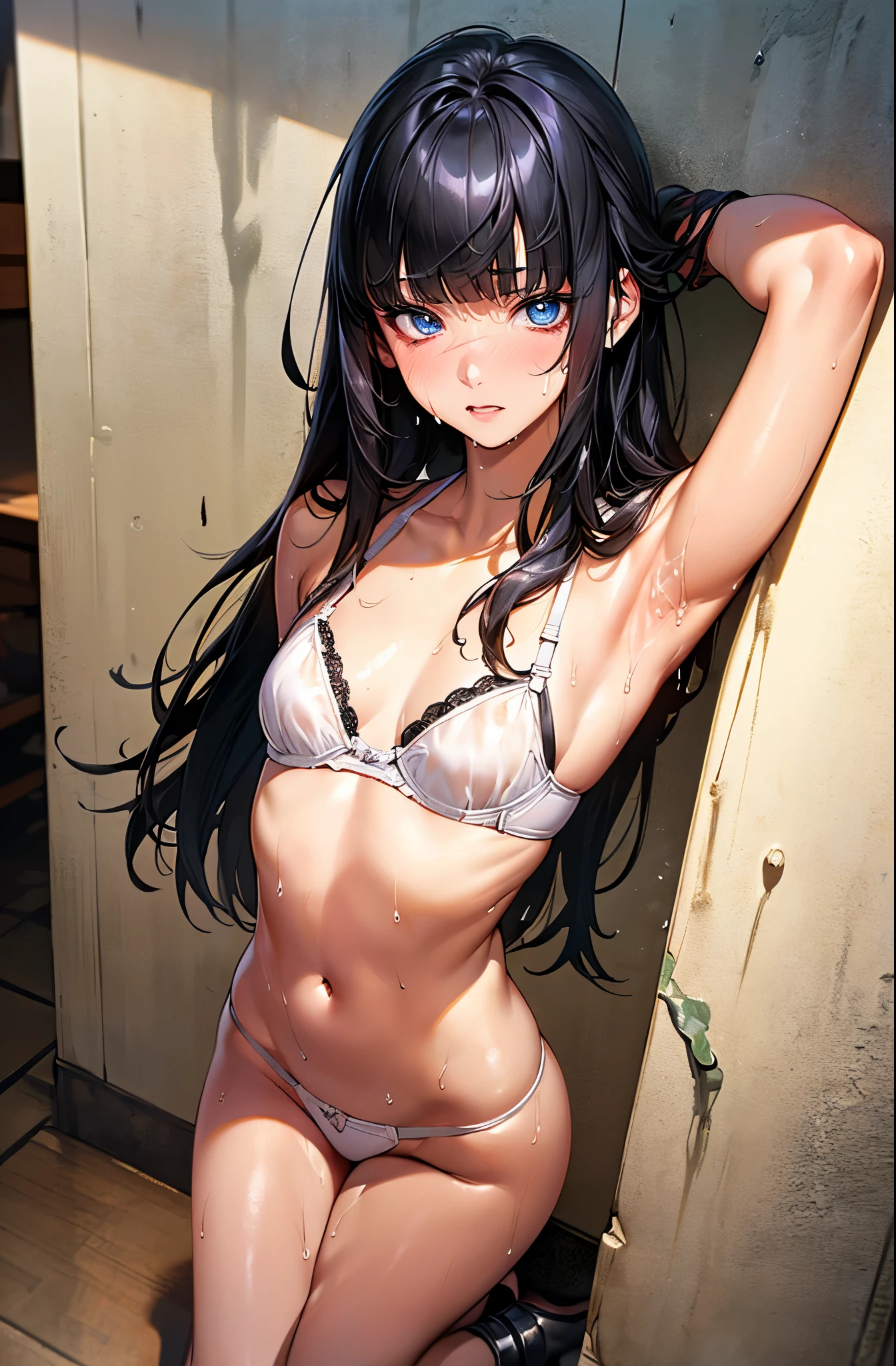 nsfw,((perfect anatomy:1.2,realistic,:1.3,RAW Photography:1.3,masterpiece、highest quality、Ultra - High resolution、High resolution、Highly detailed CG、8K)),cowboy shot,1 female,solo,20-year-old,beauty of japan,beautiful detailed face and eyes,big and gorgeous eyes,dark blue eyes,(black hair,long hair,blunt bangs,wet hair:1.4),(medium breasts,slender body,small head:1.4, skinny), glowing skin,oily skin,kneeling,arms up,((shackles,.white bra、white panties)),((sweat:1.4))、Inside the prison、collapsed building、Tokyo、