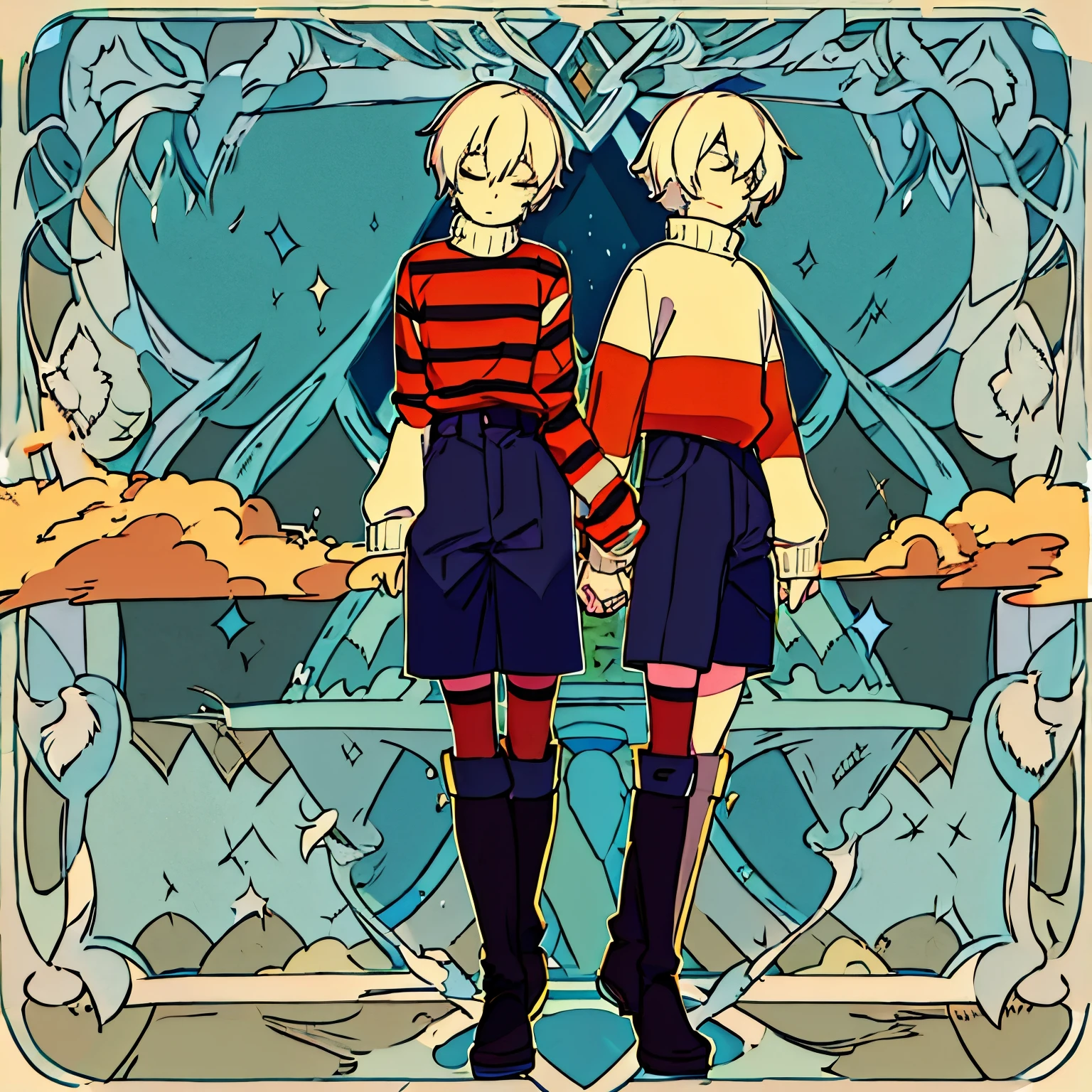 Winter, woods, boy, short hair, closed eyes, sweater with stripes, shorts, boots, high quality, anime, undertale, better hands, good anatomy, character design