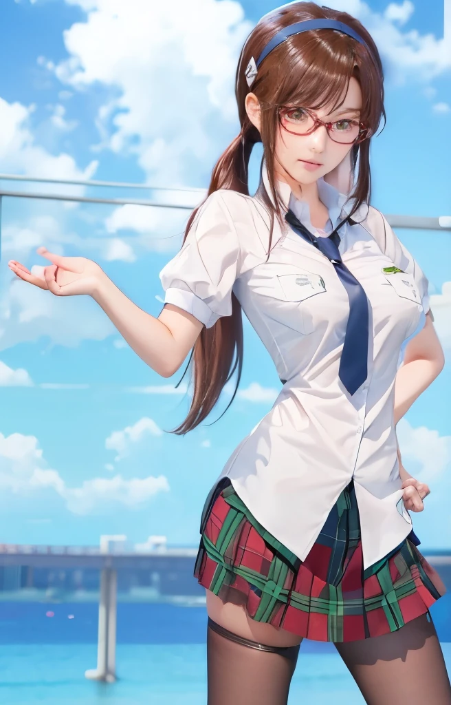 marimakinami, Mari Makinami, blue big eyes, brown hair, thick red rimmed glasses, big breasts、chest bulge、big ass、head band, twin tails, break dress shirt, pantyhose, plaid, plaid skirt, , shirt, skirt, break outdoors, city, break looking at viewer, break (masterpiece:1.2), highest quality, High resolution, unity 8k wallpaper, (figure:0.8), (detailed and beautiful eyes:1.6), highly detailed face, perfect lighting, Very detailed CG, (perfect hands, perfect anatomy),