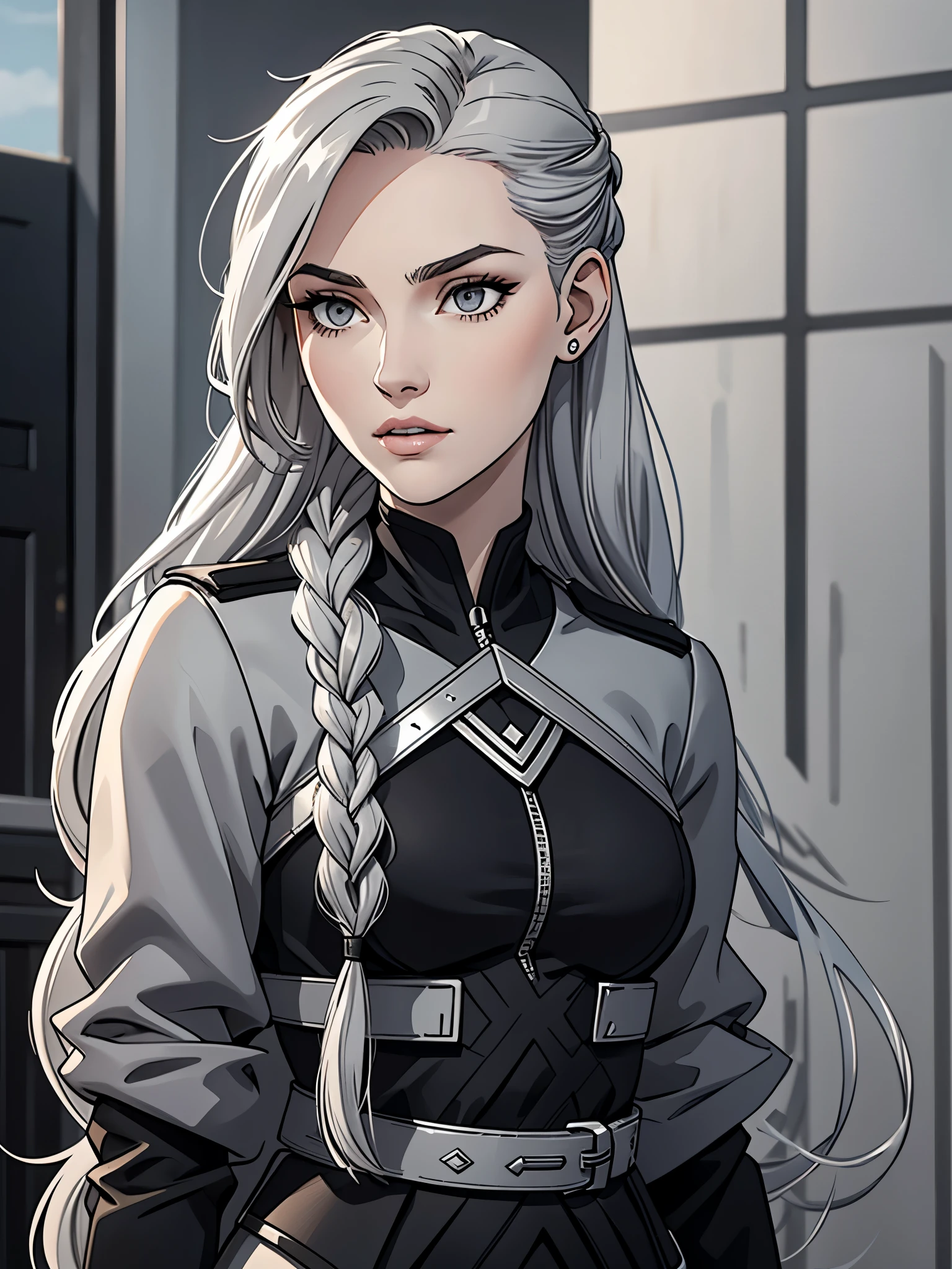 Cassandra is a tall young woman in her 20s with pale skin., gray eyes and white wavy hair, braided into a high ponytail with many small braids. Two strands of hair and asymmetrical bangs go down the sides of the face. Prefers clothes in black and gray colors with lots of silver accents