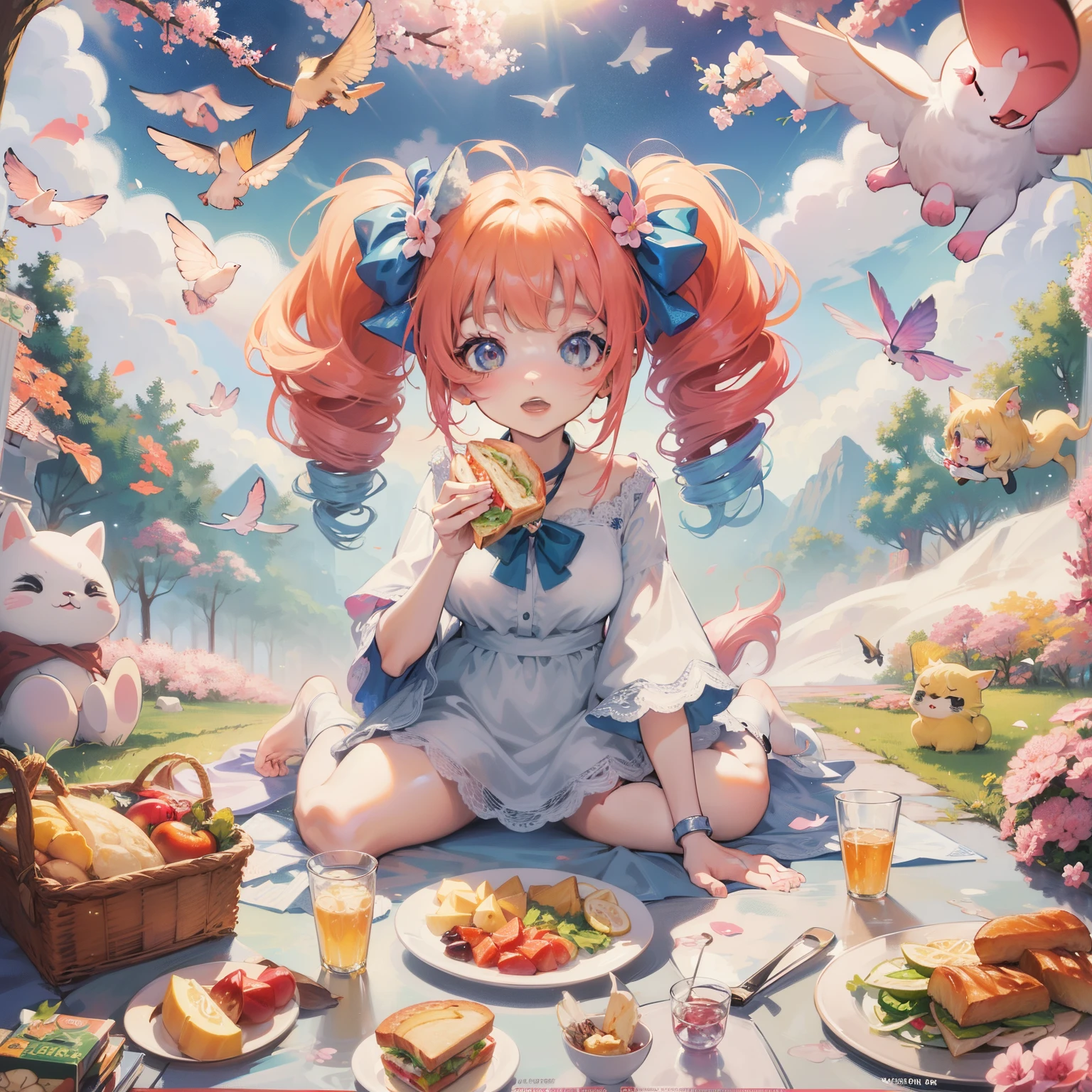 Anime girl eating a sandwich with lots of other animals around, cute detailed digital art, anime art wallpaper 4k, anime art wallpaper 4k, anime art wallpaper 8k, anime style 4k, anime fantasy illustration, splash art anime , anime fantasy artwork, beautiful anime artwork, 4k anime wallpaper, cute art style, pixiv digital art