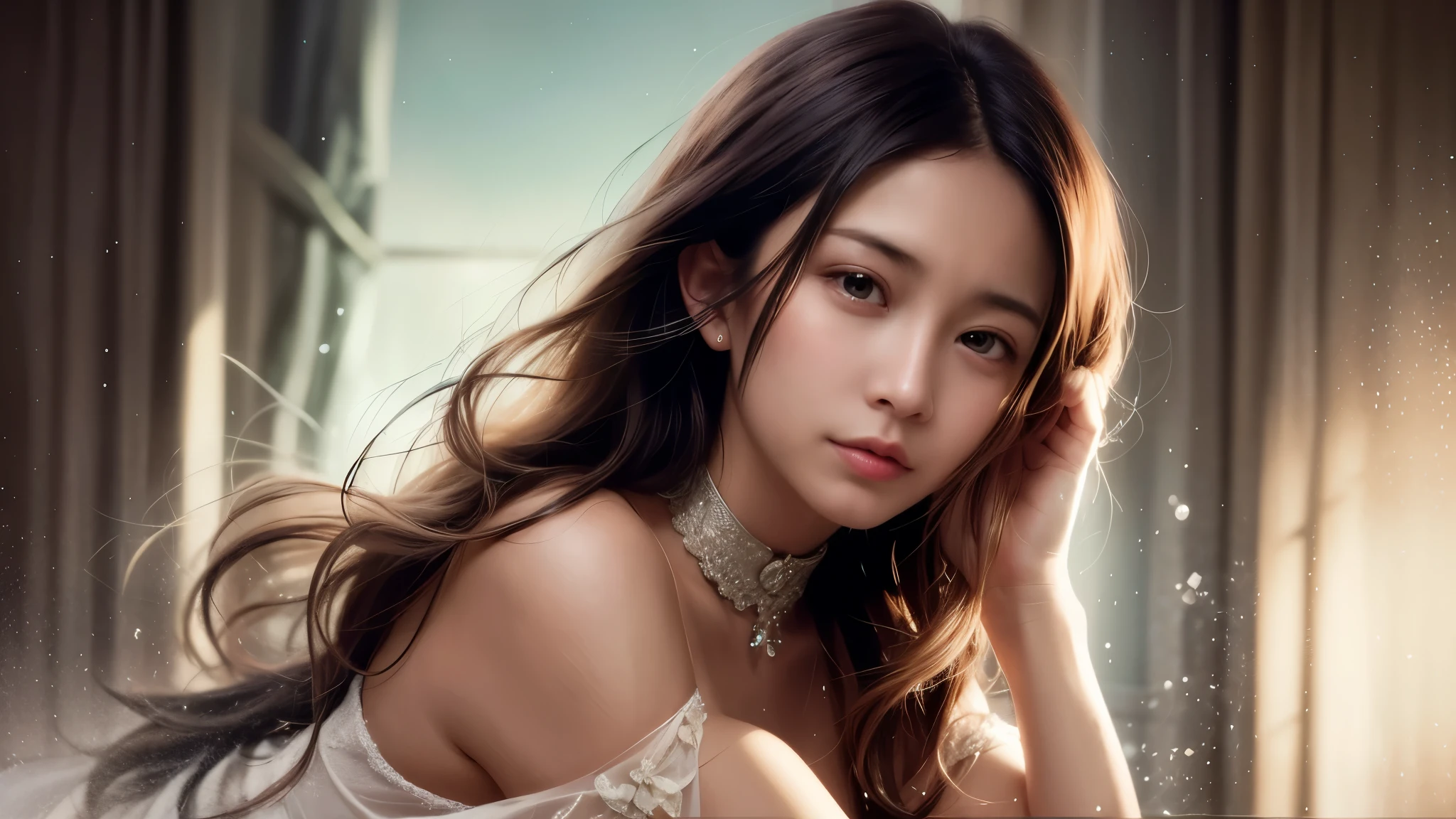Beautiful woman,The nape of the neck is clearly visible,Detailed depiction of the nape,,sunbeam,Line Light,particles of light floating in the air,85mm f2.8,,,,,