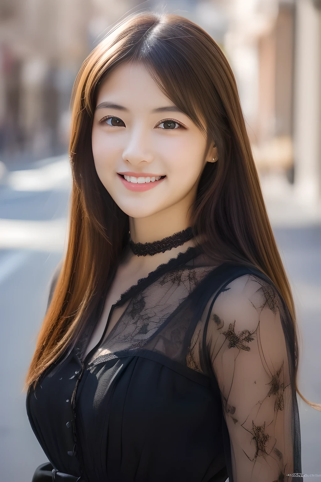 Ulchan-6500-v1.1,(masterpiece, highest quality:1.3), (Ultra-detailed 8K:1.2), (hyperrealistic:1.35),(Raw photo:1.2),highest quality, High resolution, wallpaper, realistic, bright lighting, professional lighting, face light, smooth lighting, break (japanese woman:1.3), 18-year-old, (bewitching smile:1.3), action, gravure, sexy, super beautiful, beautiful skin, beautiful and detailed eyes, detailed face, slim, moderately, clean long hair, brunette hair, dark brown eyes, look at the camera, (full shot:1.3), (european gothic cityscape:1.3),(lace dress, Fabric texture details:1.3),Render with ArtStation, Trending on CGsociety, sharp focus, dramatic, Realistic Painting Art by Midjourney