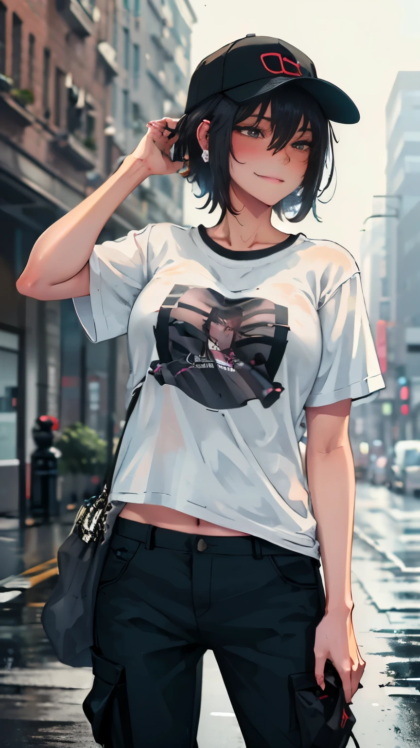 super resolution,
(realistic:1.3),
(1 slim girl), stylish girl, fashion,
young face, blush, (evil smile),
(slim) thigh,
baseball cap, earrings,
(black t-shirt), (baggy cargo pants),
gravure,
Rainy streets