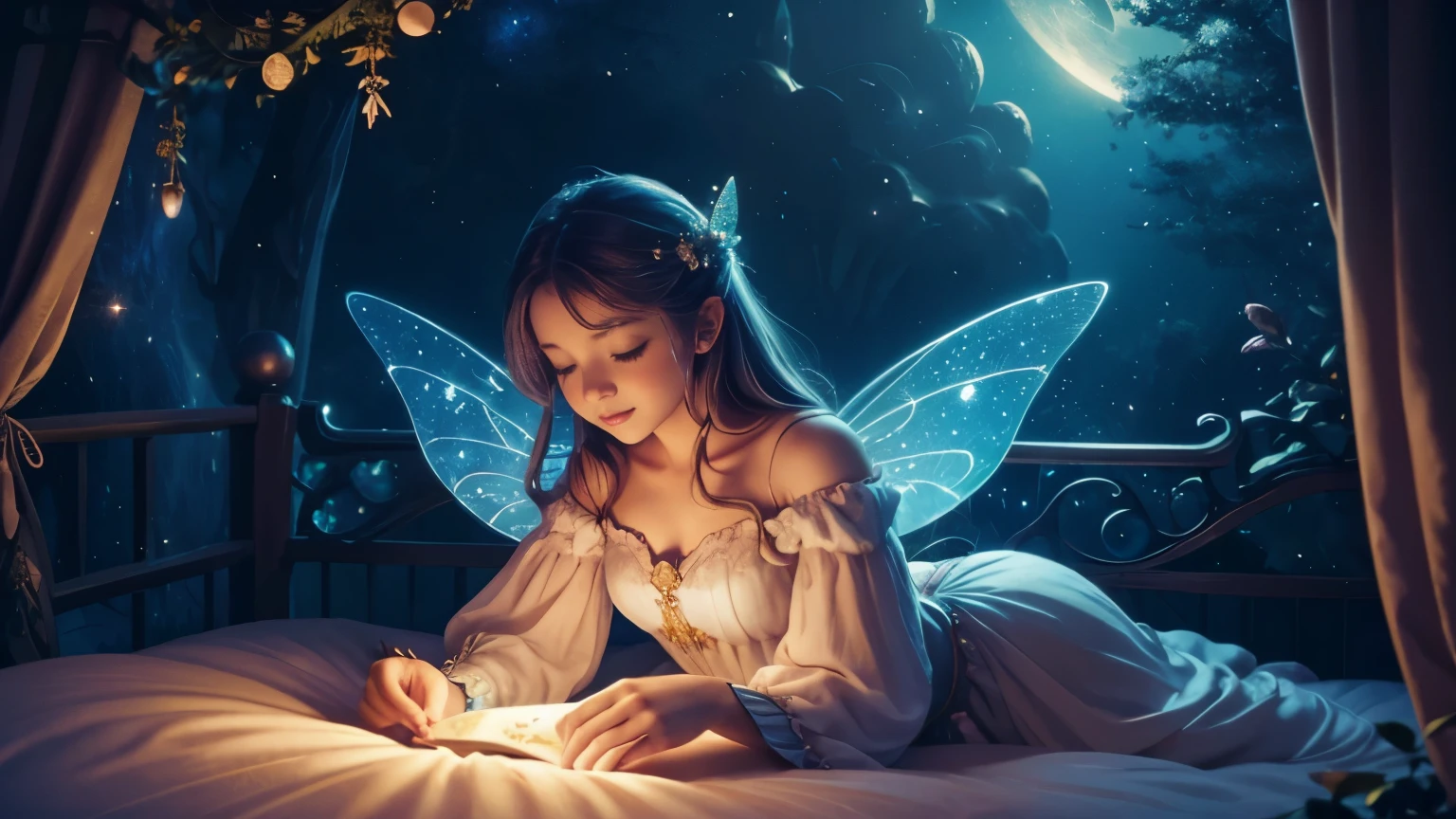 One beautiful fairy with wingagical Night, Disney-style illustration, magical lullaby, dreamy atmosphere, starry sky, Charming character, bedtime fairy tales, Animated backgrounds, night adventure, Sweet dreams, quirky fantasy, musical night scene, sleepy time, fairy tale atmosphere,