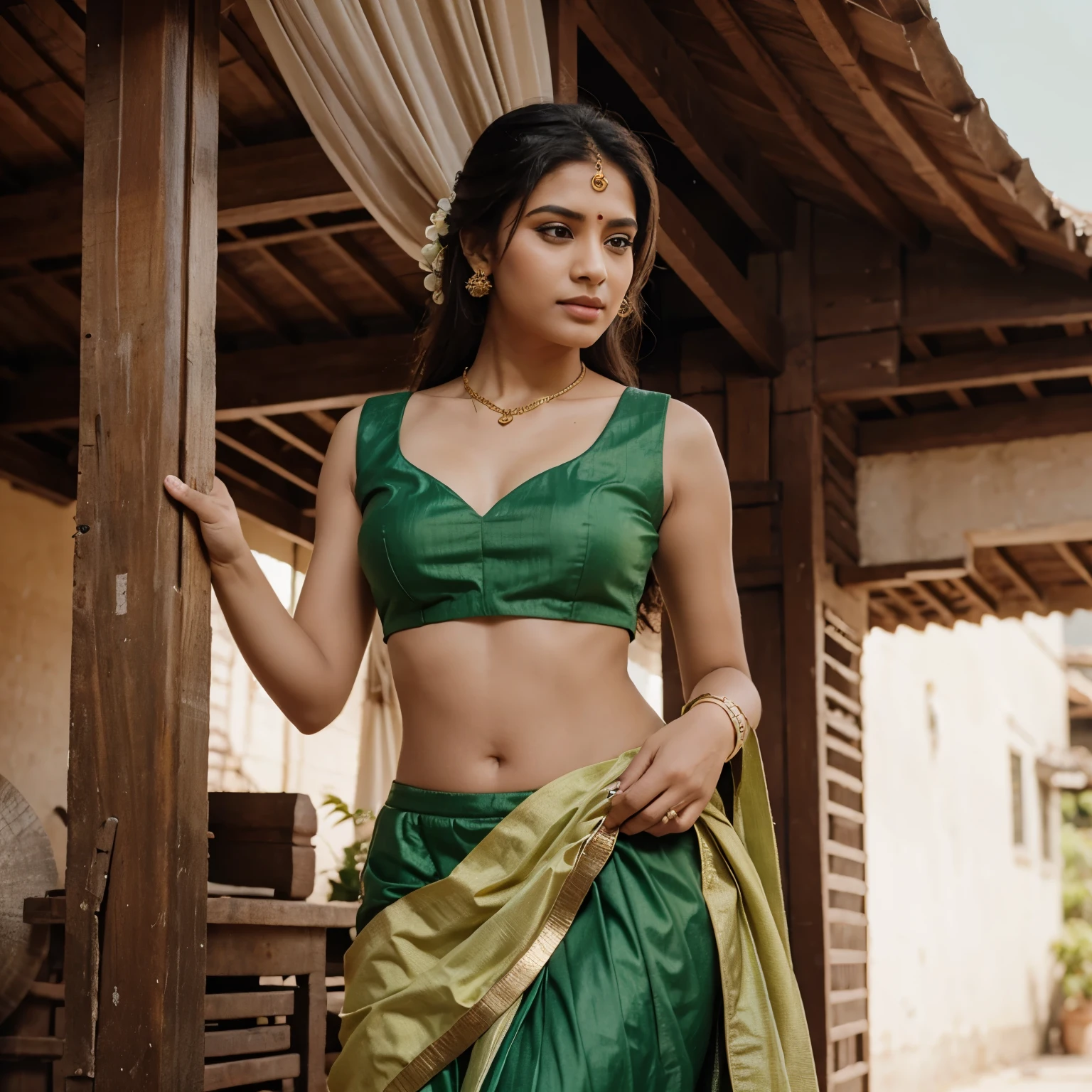 traditional Indian female with a light green and gold accented Lehenga