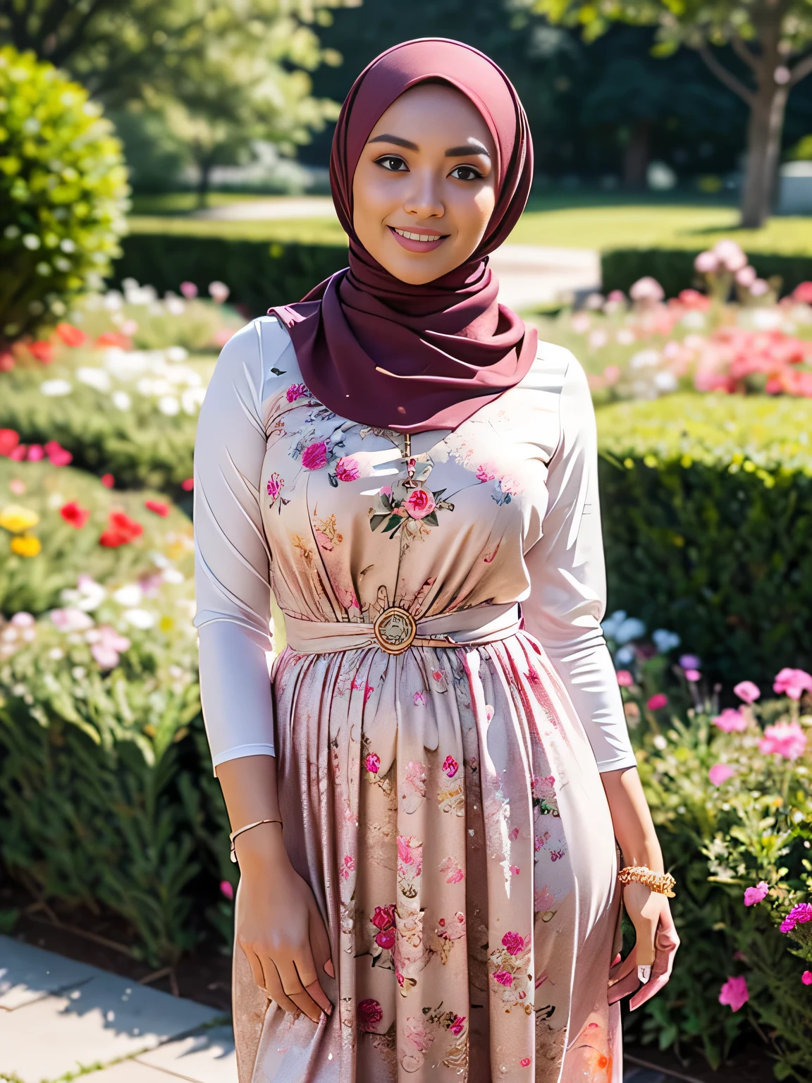 RAW, Best quality, high resolution, Masterpiece: 1.3), Beautiful Malay woman in hijab, Masterpiece, Perfect slim body, ((Big breasts)), Beautiful big eyes, water eyes, Soft smile, ((wearing tight red pastel floral malay gamis with closed hijab)), simple diamond necklace, ((closed clothes), ((polite clothes)), windy, skin details, skin texture details, wide hips, thick thighs, sexy body, morning time, laughing, happy, bright sunlight, flower garden path, blurred background, bokeh,