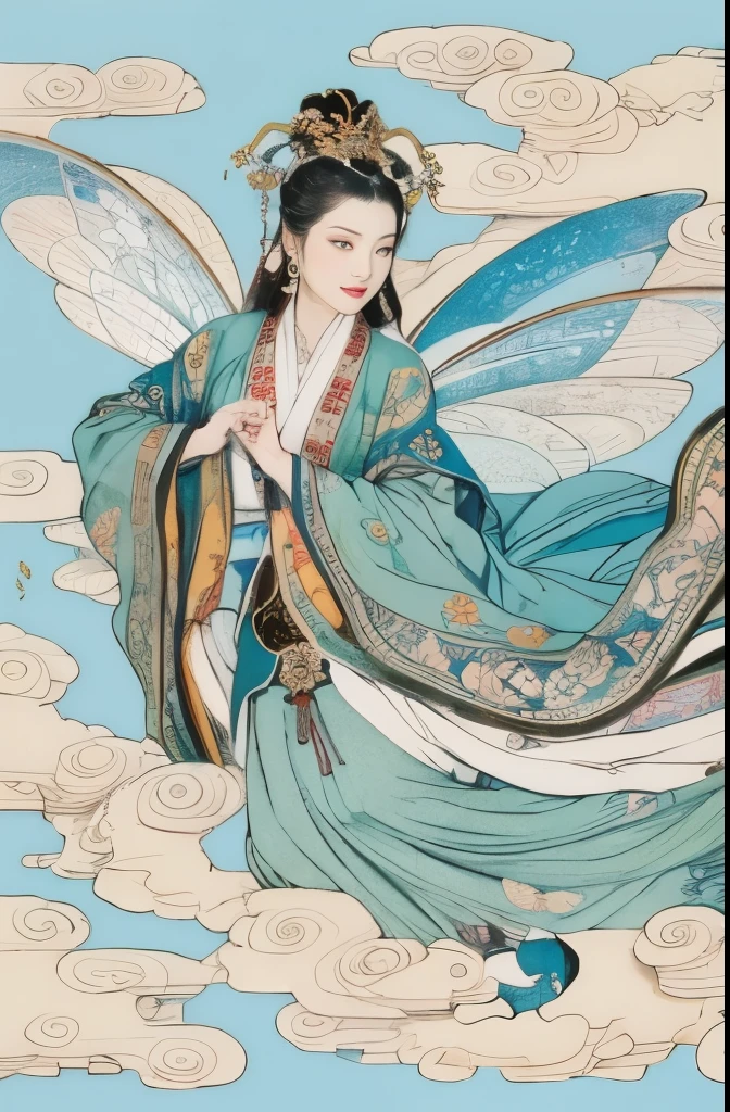 (masterpiece, top quality, best quality, official art, Beautiful and beautiful:1.2), (1 Chinese goddess,Chang'e fairy:1.5), Very detailed,(Dunhuang艺术:1.1),(Dunhuang,rich and colorful:1.1)(flowers:1.3),most detailed,(Zentangle:1.2), (Dynamic flight posture,Foot on white clouds), (Blue sky, white clouds and bright moon background:1.3), (Chinese traditional Hanfu fabric:1.2), (shiny skin), (Many colors:1.4), ,(earrings:1.4),