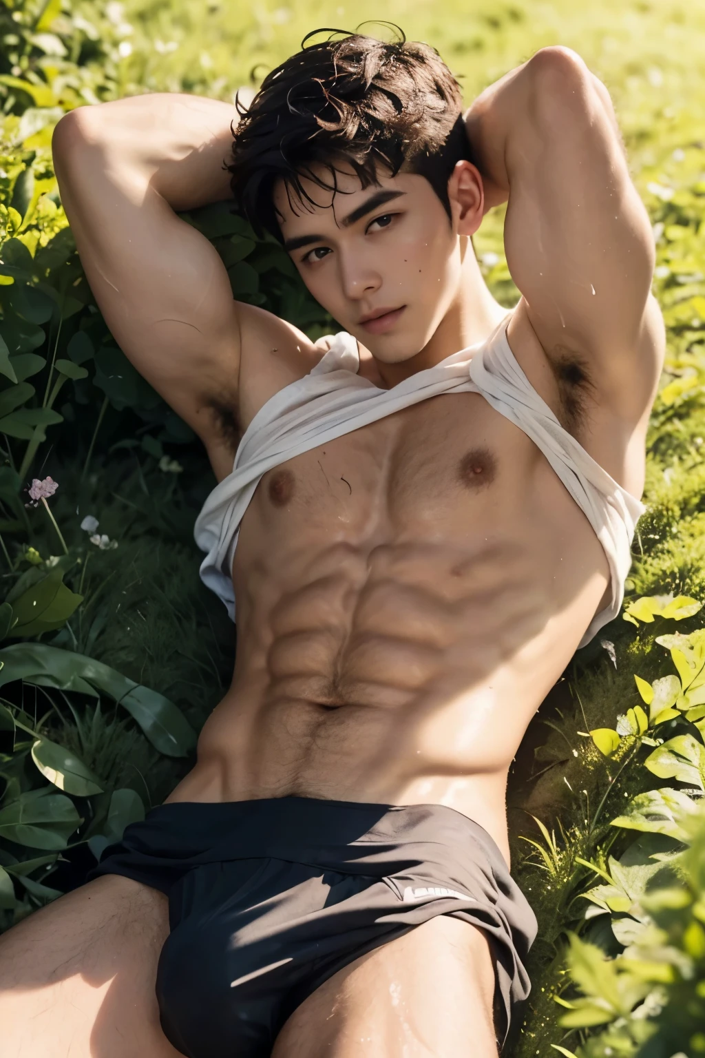 Wearing SLEEVELESS T-SHIRT, pulling off HIS SHIRT exposing his sexy chest, Very hot sunny day, Fluffy chest, pink nipple, Curly hair , BLUSHING, SHY EXPRESION, blushing face, TOP POV, lying down on the flower field, sleeping, just Wearing wet white Tiny thong exposing his big bulge, very wet body, Hairy stomatch, very hairy abs, Very bushy hairy armpits, hairy pubic, hairy crotch, Super Realistic photography, PROUDLY SHOWING OFF HIS sexy body, exposing his sexy nipple, DETAILED, Very wet body, showing off his very sweaty hairy armpits, Slim fit body, teenager, very cute boy face, 21 years old boy, Very young teenager boy, LAYING DOWN in the field, Very big hard dick, sweat covering all over the body, Sweat dripping all over the body, Proudly showing off his sweaty very hairy armpits to audience, The colors are bright and vibrant, enhancing the overall aesthetic. The lighting is soft and natural, casting a soft glow on the boy, don't merge body's, detailed eyes and lips, sixpack and fit body. Image quality is of the highest standard, with ultra-detailed features and a realistic appearance.