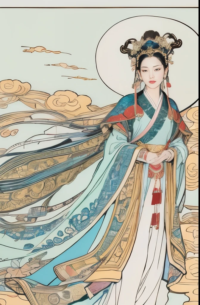 (masterpiece, top quality, best quality, official art, Beautiful and beautiful:1.2), (1 Chinese goddess,Chang'e:1.5), Very detailed,(Dunhuang艺术:1.1),(Dunhuang,rich and colorful:1.1)(flowers:1.3),most detailed,(Zentangle:1.2), (Dynamic flight posture,Foot on white clouds), (Blue sky and white clouds moon background:1.3), (Chinese traditional Hanfu fabric:1.2), (shiny skin), (Many colors:1.4), ,(earrings:1.4),