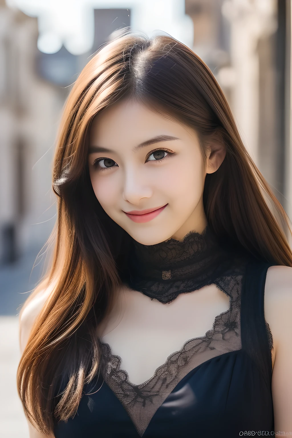 Ulchan-6500-v1.1,(masterpiece, highest quality:1.3), (Ultra-detailed 8K:1.2), (hyperrealistic:1.35),(Raw photo:1.2),highest quality, High resolution, wallpaper, realistic, bright lighting, professional lighting, face light, smooth lighting, break (japanese woman:1.3), 18-year-old, (bewitching smile:1.3), action, gravure, sexy, super beautiful, beautiful skin, beautiful and detailed eyes, detailed face, slim, moderately, clean long hair, brunette hair, dark brown eyes, look at the camera, (full shot:1.3), (european gothic cityscape:1.3),(lace dress, Fabric texture details:1.3),