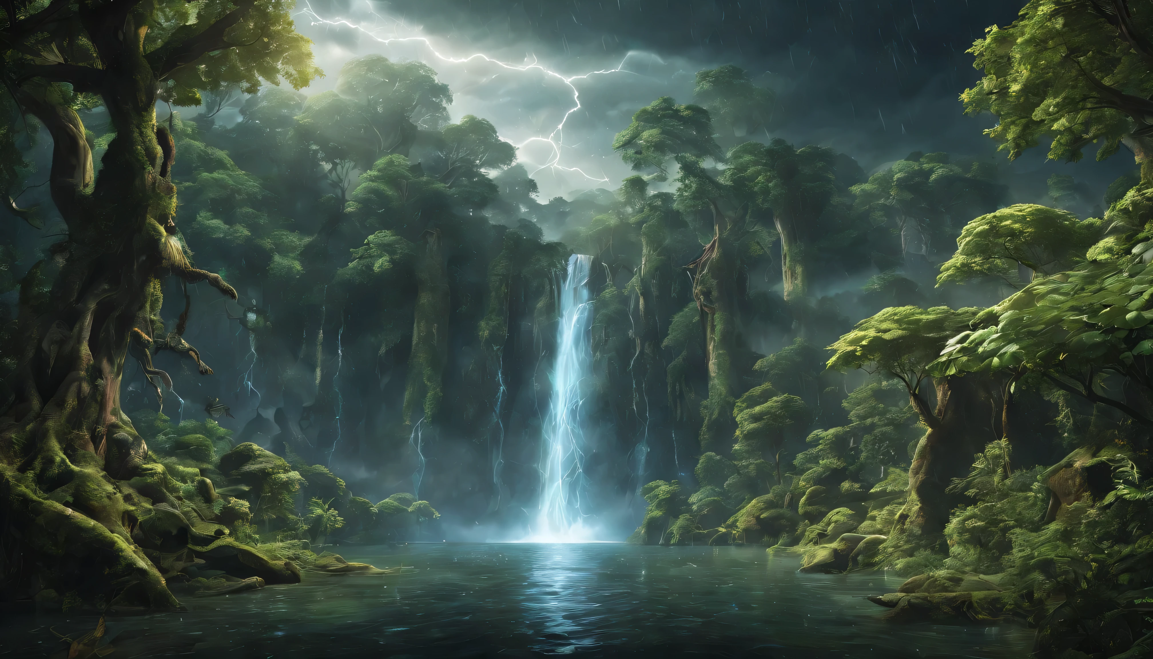 Design an image depicting an intense night storm scene over an ancient rainforest. The sky above is a canvas of chaotic beauty, with lightning bolts illuminating the dense canopy below. Each flash reveals the rich, wet leaves of towering trees and the intricate ecosystem that thrives under their shelter. The storm's fury is juxtaposed with the enduring calm of the forest, highlighting the timeless dance between nature's tempests and the tranquility of the ancient woodlands. Include the occasional glimpse of a waterfall or river, its waters surging in response to the downpour, adding to the scene's dynamic beauty.