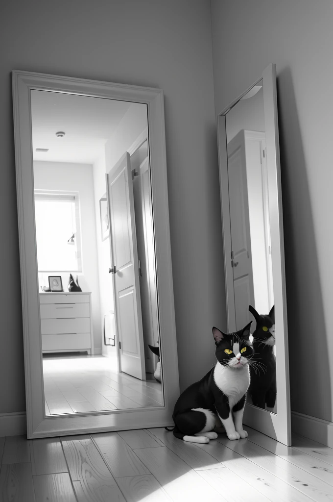 (an adorable black and white cat, hisses and paws at its reflection in a floor length mirror in a bedroom), (best quality,4k,8k,highres,masterpiece:1.2), ultra-detailed, realistic, HDR, studio lighting, extreme detail description, professional, vivid colors, bokeh, oil painting, inquisitive eyes, playful expression, fluffy fur, sharp claws, luxurious bedroom, elegant decor, ornate mirror frame, soft ambient lighting, shiny reflective surface, intricate patterns, hardwood floor, cozy atmosphere.