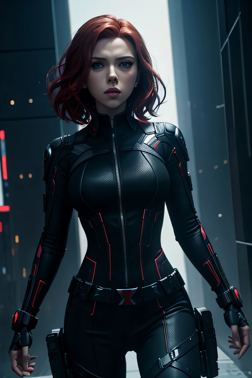 Scarlett Johansson as Black Widow in white costume, Ciberpunk, 8k,