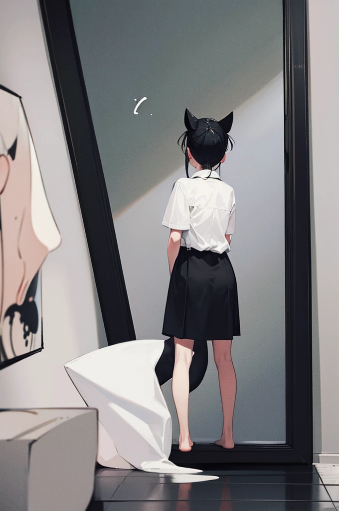 an adorable black and white cat hisses and paws at its reflection in a floor length mirror in a bedroom