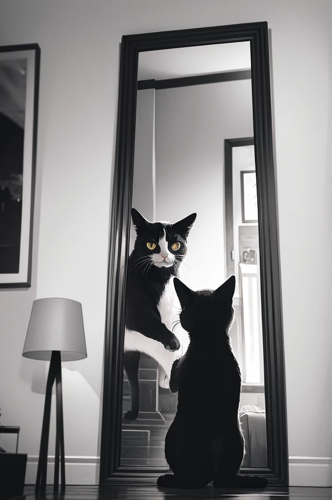 (an adorable black and white cat, hisses and paws at its reflection in a floor length mirror in a bedroom), (best quality,4k,8k,highres,masterpiece:1.2), ultra-detailed, realistic, HDR, studio lighting, extreme detail description, professional, vivid colors, bokeh, oil painting, inquisitive eyes, playful expression, fluffy fur, sharp claws, luxurious bedroom, elegant decor, ornate mirror frame, soft ambient lighting, shiny reflective surface, intricate patterns, hardwood floor, cozy atmosphere.