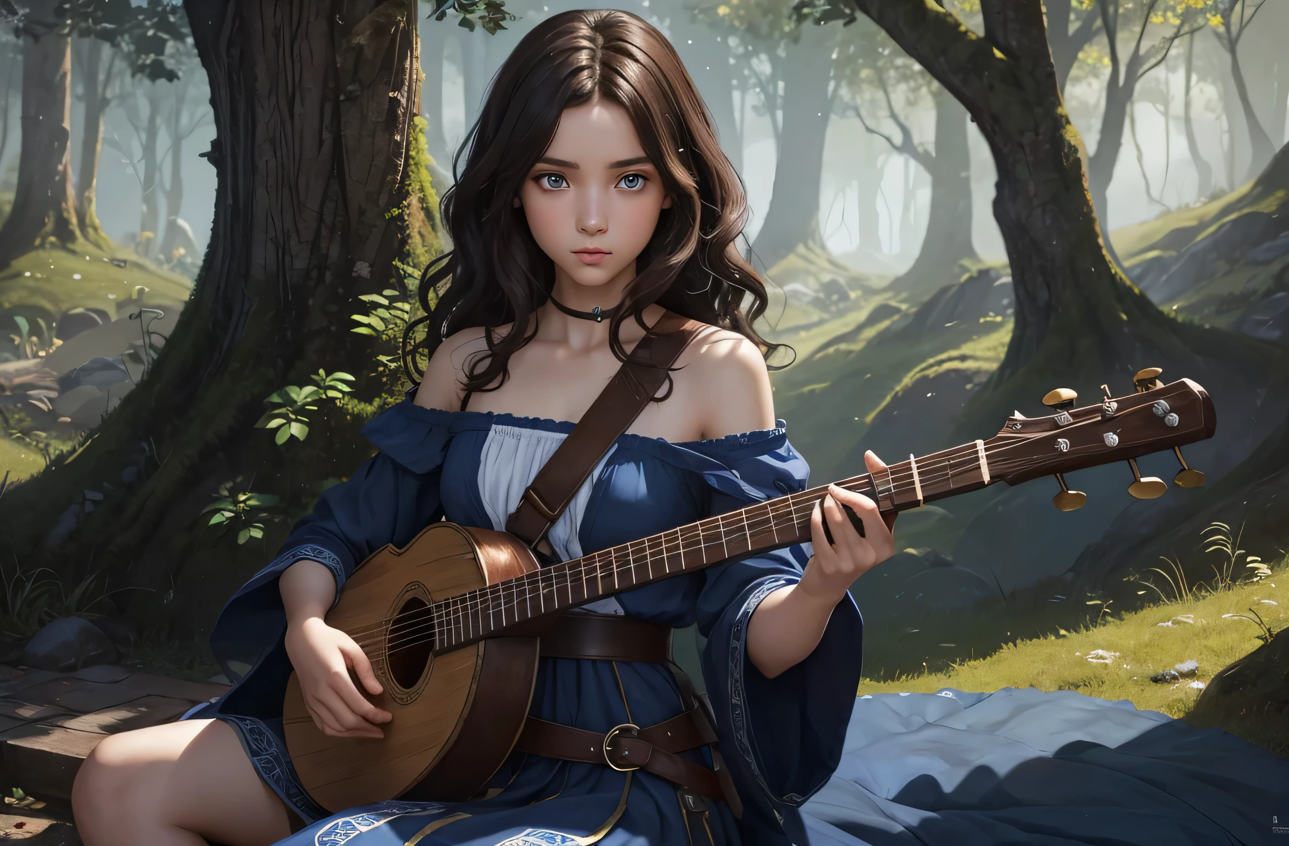 a thin girl, very feminine and agile, with dark brown hair that falls in loose curls over her shoulders. Her eyes are large and expressive, a deep blue that shines with curiosity and determination. She usually wears simple but well-groomed clothes. Sitting with a lute in her hands (digitl art, fantasy art, RPG art)