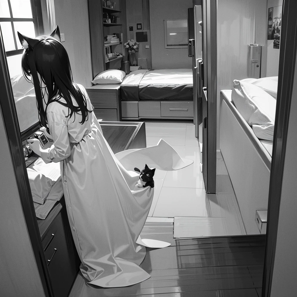 an adorable black and white cat hisses and paws at its reflection in a floor length mirror in a bedroom
