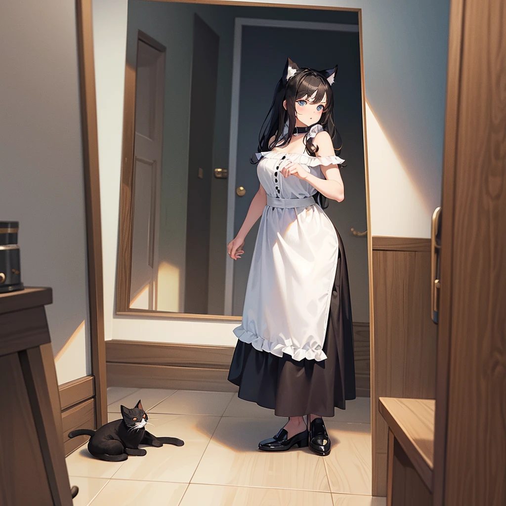 (an adorable black and white cat, hisses and paws at its reflection in a floor length mirror in a bedroom), (best quality,4k,8k,highres,masterpiece:1.2), ultra-detailed, realistic, HDR, studio lighting, extreme detail description, professional, vivid colors, bokeh, oil painting, inquisitive eyes, playful expression, fluffy fur, sharp claws, luxurious bedroom, elegant decor, ornate mirror frame, soft ambient lighting, shiny reflective surface, intricate patterns, hardwood floor, cozy atmosphere.