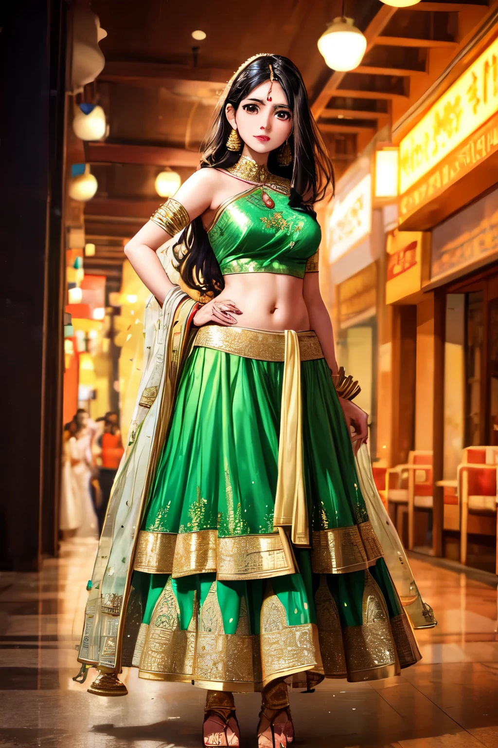 traditional Indian female with a light green and gold accented Lehenga. Something easy to travel in