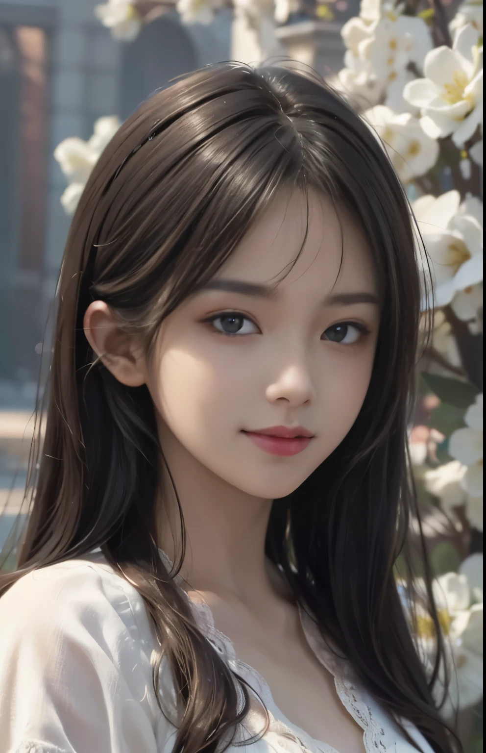 (Ultra Realistic), (Illustration), (Increased Resolution), (8K), (Extremely Detailed), (Best Illustration), (Beautiful and Detailed Eyes), (Best Quality), (Ultra Detailed), (Masterpiece ), ( wallpaper), (detailed face), solo, 1 girl, looking at viewer, fine details, in the dark, deep shadows, low key, pureerosfaceace_v1, smiling, Black straight hair, white shawl, 46 points oblique bangs,Lots of colorful flowers in the background,plump breasts