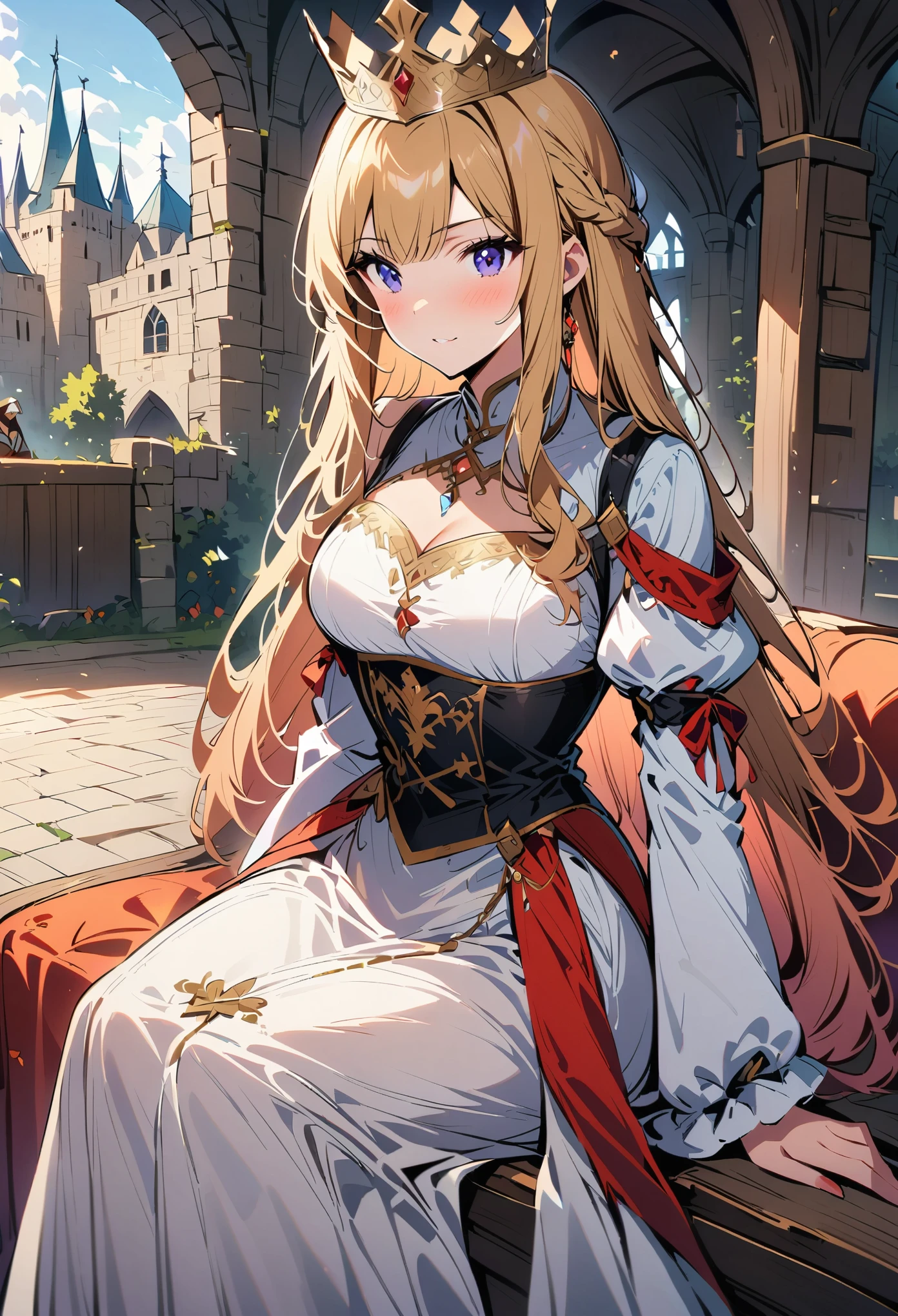 World Radiocommunication Conference style, beautiful woman, blond, sitting, royal costume, Royal Conference Hall, medieval background