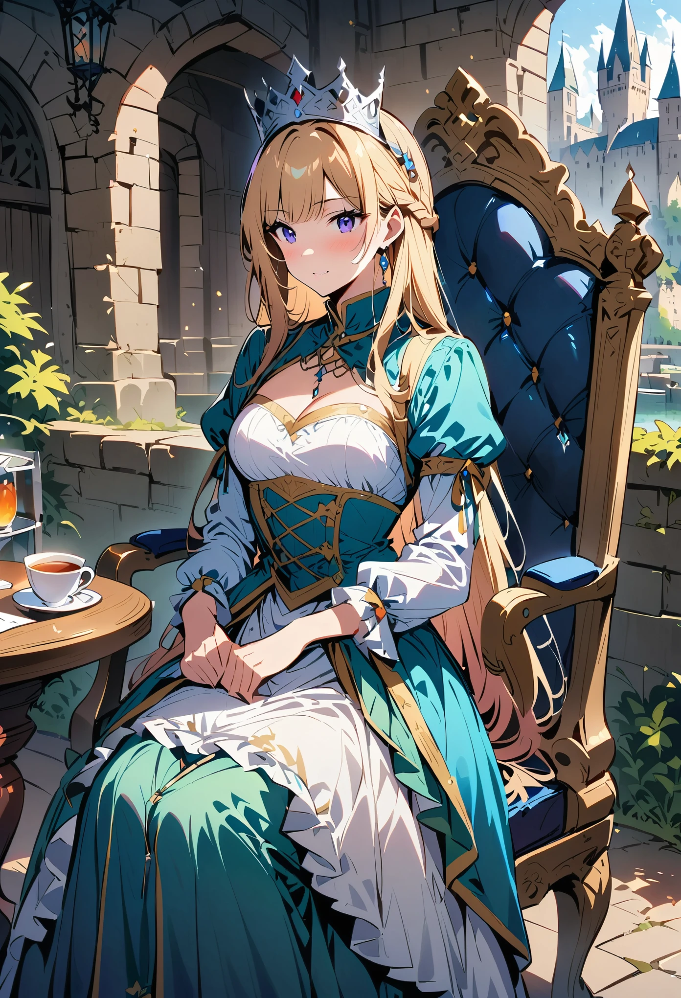 World Radiocommunication Conference style, beautiful woman, blond, sitting, royal costume, Royal Conference Hall, medieval background