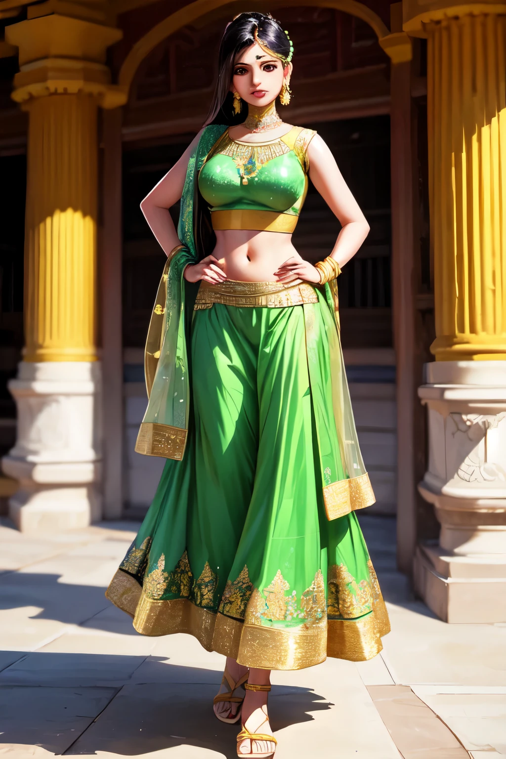 traditional Indian female with a light green and gold accented Lehenga. Something easy to travel in