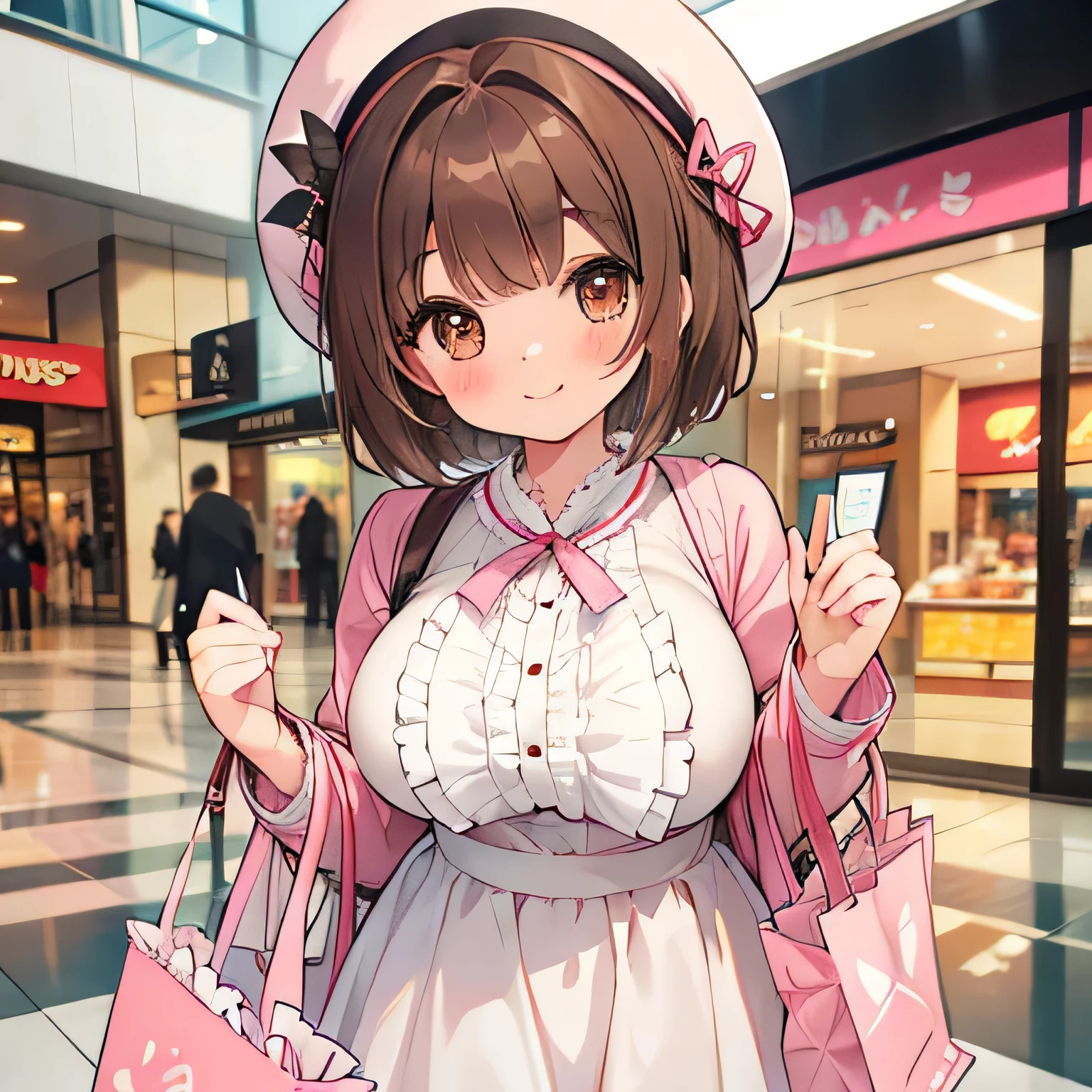 beautiful big breasts, fluffy brown hair, brown eyes, short hair, bangs, blush, smile, Shopping mall, pink jacket, cute hat, Cute Bag, young beautiful girl, white dress, tri blade, frills, ribbon, Frolic happily,