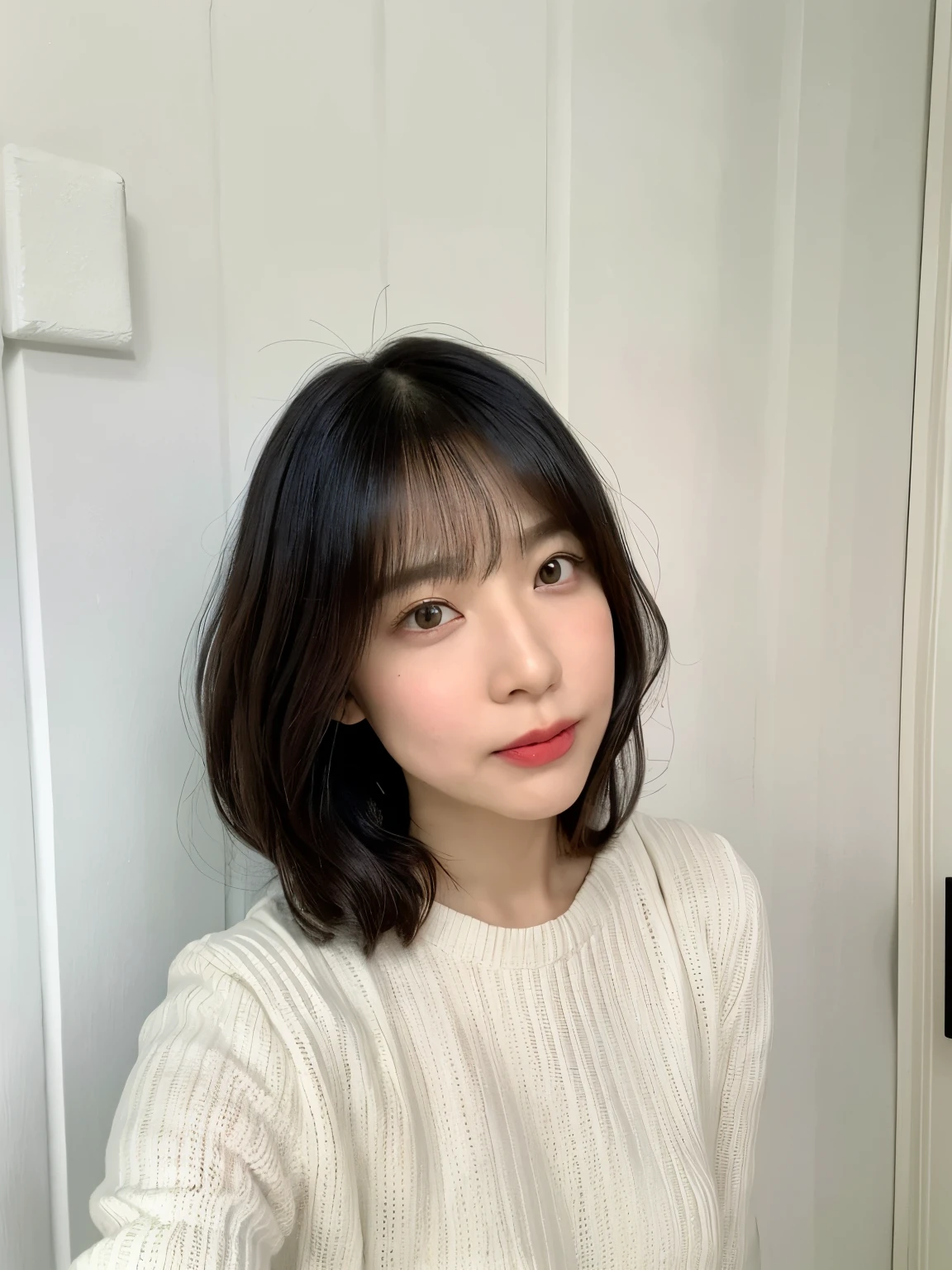 ((highest quality、8K、masterpiece:1.3))、light gray long sleeve dress、Fashionable dresses、さらさらhairの毛、fluffy hair、(white wall in the background、Taken in front of the white door:1.4)、30 generation women、table top、ultra high resolution、(photogenuineistic:1.4)、RAW photo、Japanese,(face)、genuine、Photographed in natural light、Highly detailed face and skin texture、highly detailed lips、correct state of the human body、bob cut、bob hair、short hair、Mr.々hair、black hair、various poses、natural color lip