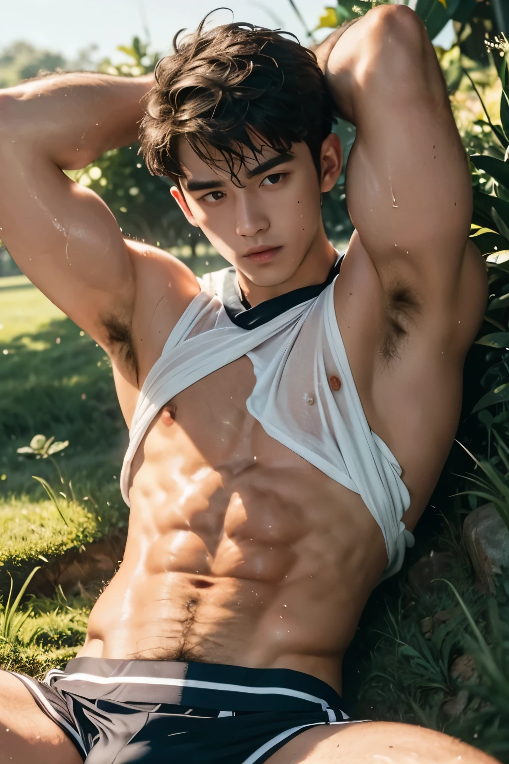 The sun shone kn his body, Very wet body, Wearing SLEEVELESS T-SHIRT, pulling off HIS SHIRT exposing his chest, Very hot sunny day, Fluffy chest, pink nipple, Curly hair , BLUSHING, SHY EXPRESION, blushing face, TOP POV, lying down on the sport field, sleeping, just Wearing wet white Tiny thong exposing his big bulge, very wet body, Hairy stomatch, very hairy abs, Very bushy hairy armpits, hairy pubic, hairy crotch, Super Realistic photography, PROUDLY SHOWING OFF HIS sexyy, Cute teen expg his sexy nipple,AILED, Very wet body, showing off his very sweaty hairy armpits, Slim fit body, teenager, very cboy face, 21 years old boy, Very young teenager boy, LAYINGN in the field, Very big hard dick, sweat covering all over the body, Sweat dripping all over the body, Proudly showing off his sweaty very hairy armpits to audience, The colors are bright and vibrant, enhancing the overall aesthetic. The lighting is soft and natural, casting a soft glow on the face and body, don't merge body's, detailed eyes and lips, sixpack and fit body. Image quality is of the highest standard, with ultra-detailed features and a realistic appearance.