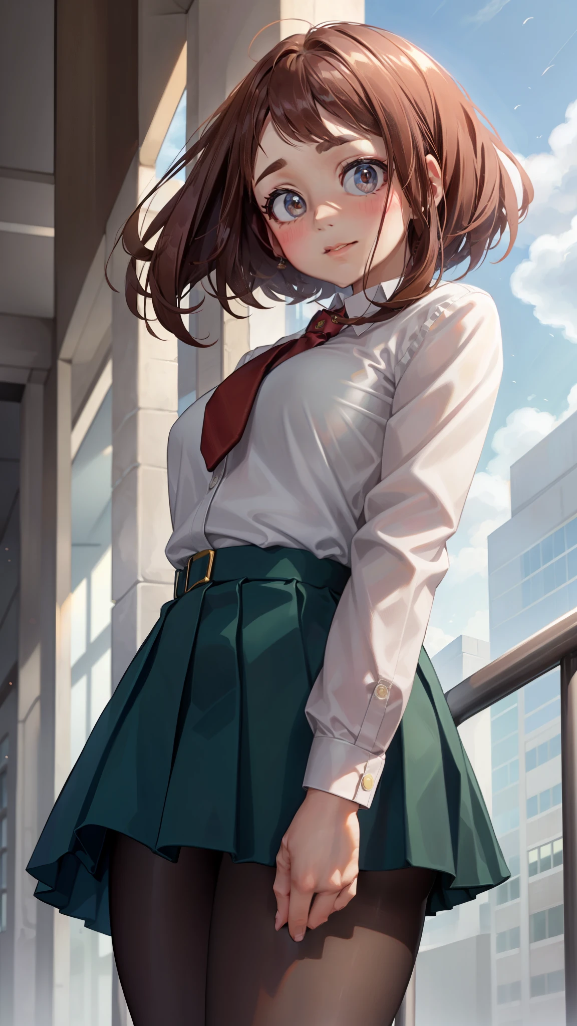 ((((kipteitei art)))), ((highres)),Masterpiece, high quality, best quality, beautiful, perfect lighting, detailed face, ultra cute face, ((1girl)), ((solo), brown hair, bob cut, bangs, ((fluffy hair)), brown eyes, nervous look, shy, blush, ((school uniform)), ((tan Blaser sweater)), thigh highs, green skirt, classroom, ((small breasts)), perky breasts, wide hips, thick thighs, 19 year old girl,