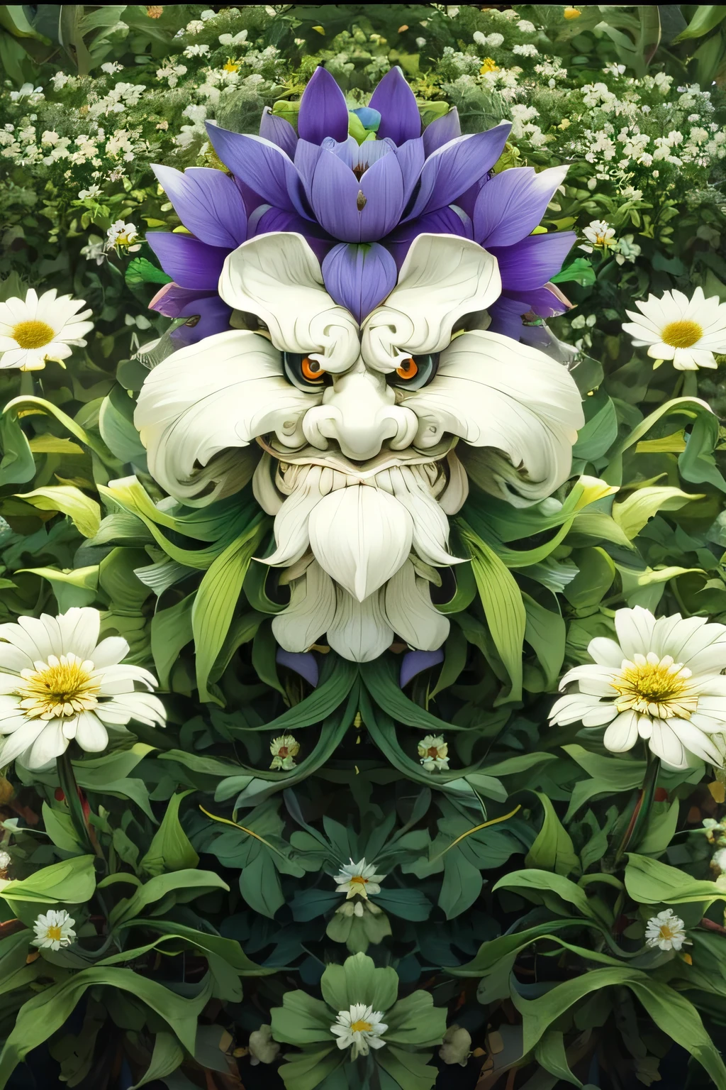 There is a white and purple flower，There is a face on it, Magical garden plant creatures, flower face, Surreal Flower of Wisdom, flower shaman, giant white daisy flower face, a plant monster, alien flower, made of flowers, Humanoid creature covered with flowers, Plant extracts, art deco flower shaman, plant monster, thick white beard, mutated flower