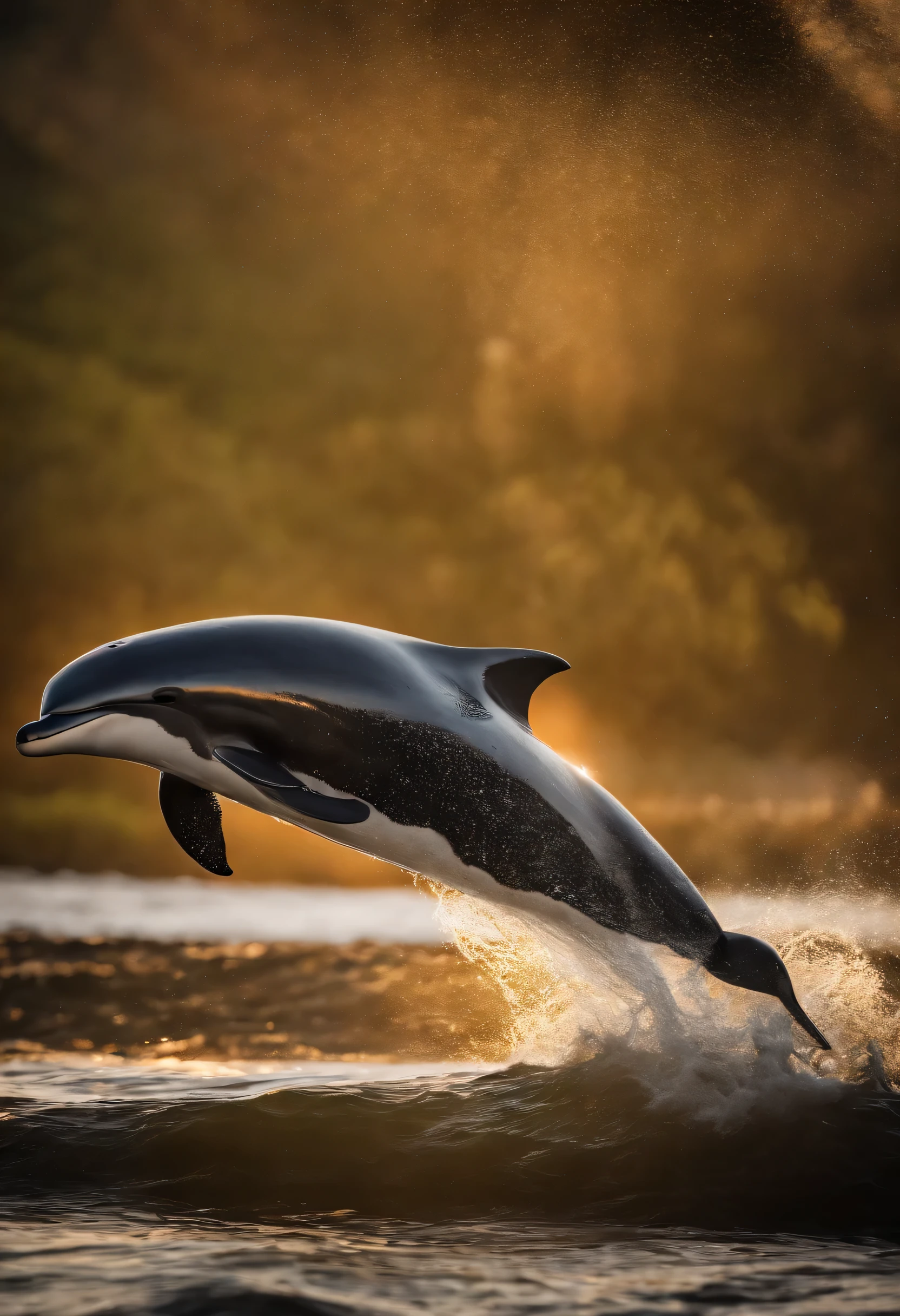 highest quality, Masseter muscle part, 超A high resolution, (realistic:1.4), Raw photo, professional lighting, High level image quality, high detail, masterpiece、Dolphin、jumping、Ocean、big、sunset on the background