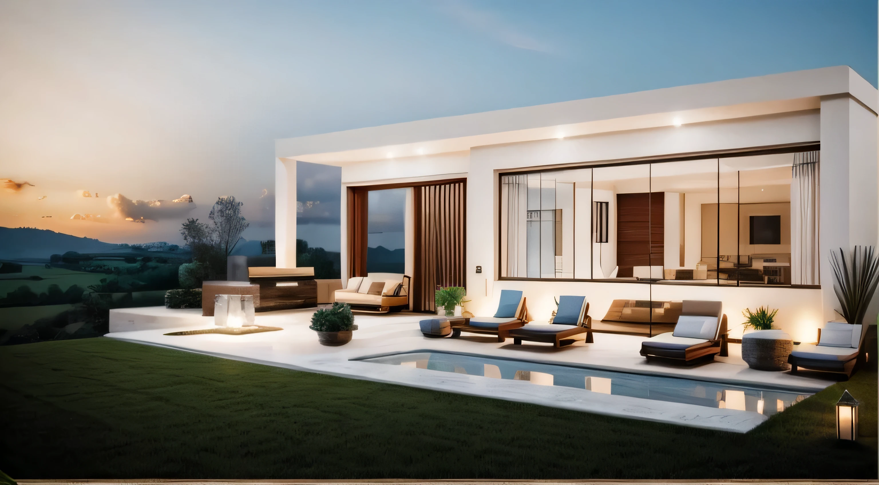 RAW photo,Masterpiece, high quality, best quality, authentic, super detail,
outdoors, homestay style modern in countryside with dark tile roof, white wall, galss windows, indoors furniture,chimney,
tropical garden, Garden and walkway in front
daylight,soft light, trees, blue sky
