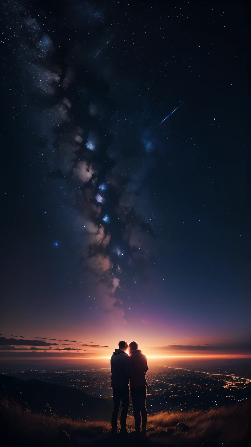 a couple standing under a starry sky with a view of the city below, looking at the stars, photography at night, astrophotography, night time photography, watching the stars at night, astrophotgraphy, looking to stars, watching the stars, nighttime photography, night sky photography, looking up at the stars, night photography, looking off into the distance