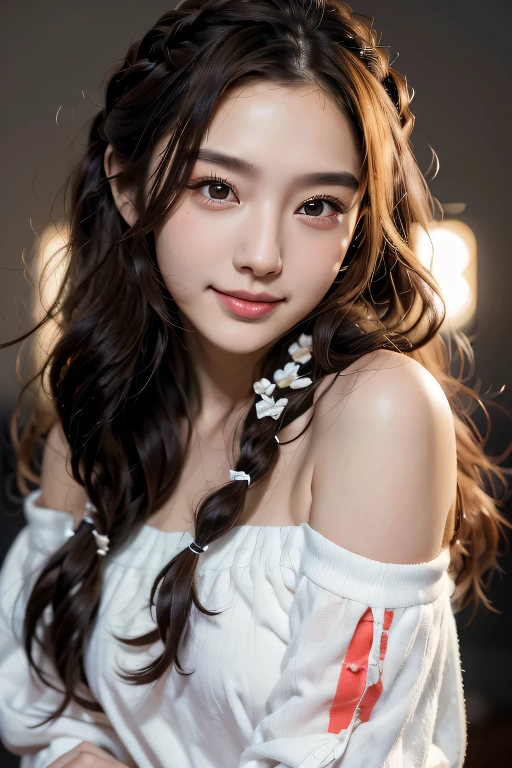 Close-up of a woman with long hair in a white shirt, 1 8 is, 18-year-old, 19 year old girl, Chen Xintong, korean girl, Shishionwu, Choi Hong Hwa, 22 years ago, 21 years old, Ulzzang, Wenfei Ye, young cute asian man face, lips、masterpiece, 最high quality, high quality, High resolution, (curly hair braids), black background, off shoulder, smile
