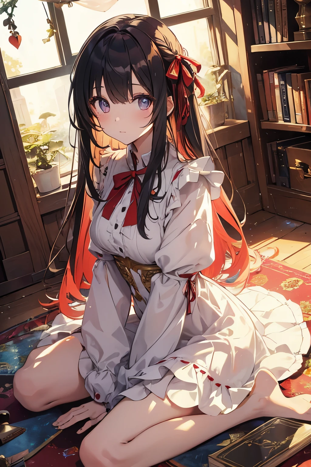 (masterpiece, best quality, dynamic lights),1girl. multicolor eyes, one red ribbon, long hair, white simple dress, She is sitting on the floor of a colorful house, fantasy world, multicolor hair, the house is full of furniture and books, panoramic view