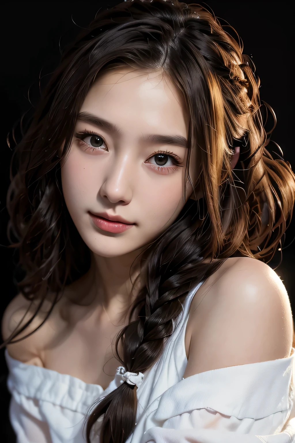 Close-up of a woman with long hair in a white shirt, 1 8 is, 18-year-old, 19 year old girl, Chen Xintong, korean girl, Shishionwu, Choi Hong Hwa, 22 years ago, 21 years old, Ulzzang, Wenfei Ye, young cute asian man face, lips､masterpiece, 最high quality, high quality, High resolution, (curly hair braids), black background, off shoulder, smile