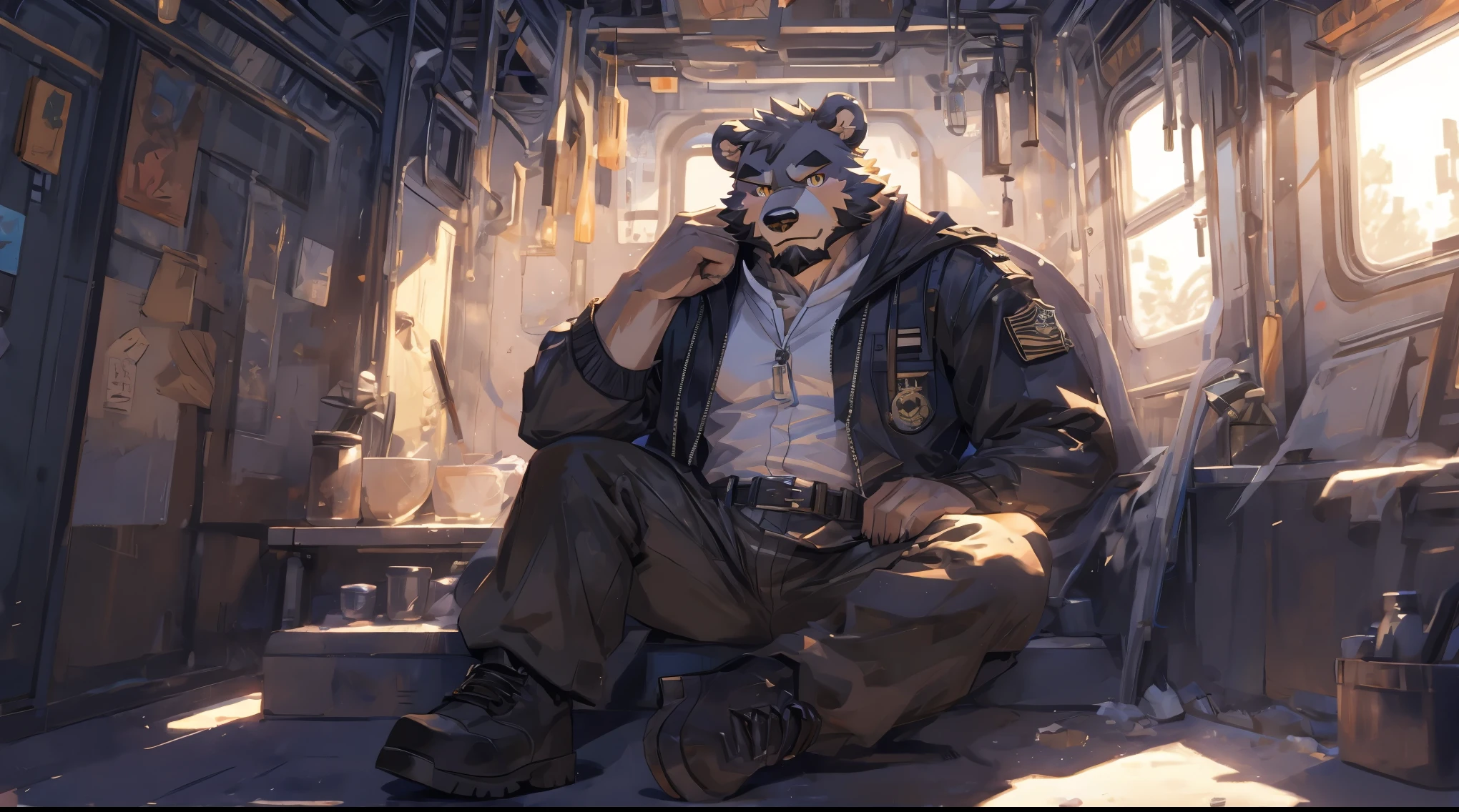 (masterpiece:1.2), best quality,pixiv,official art,perfect ???????, (Ray tracing, light),solo, (1_male:1.3) , (muscle), (gray fur:1.4), (muscle bear), (beard:1.2), (gleaming golden eyes), Thick eyebrows, open hoodie, ????? inside, cargo pants, (boots:1.2), portrait, (in the empty train :1.3), sitting alone
