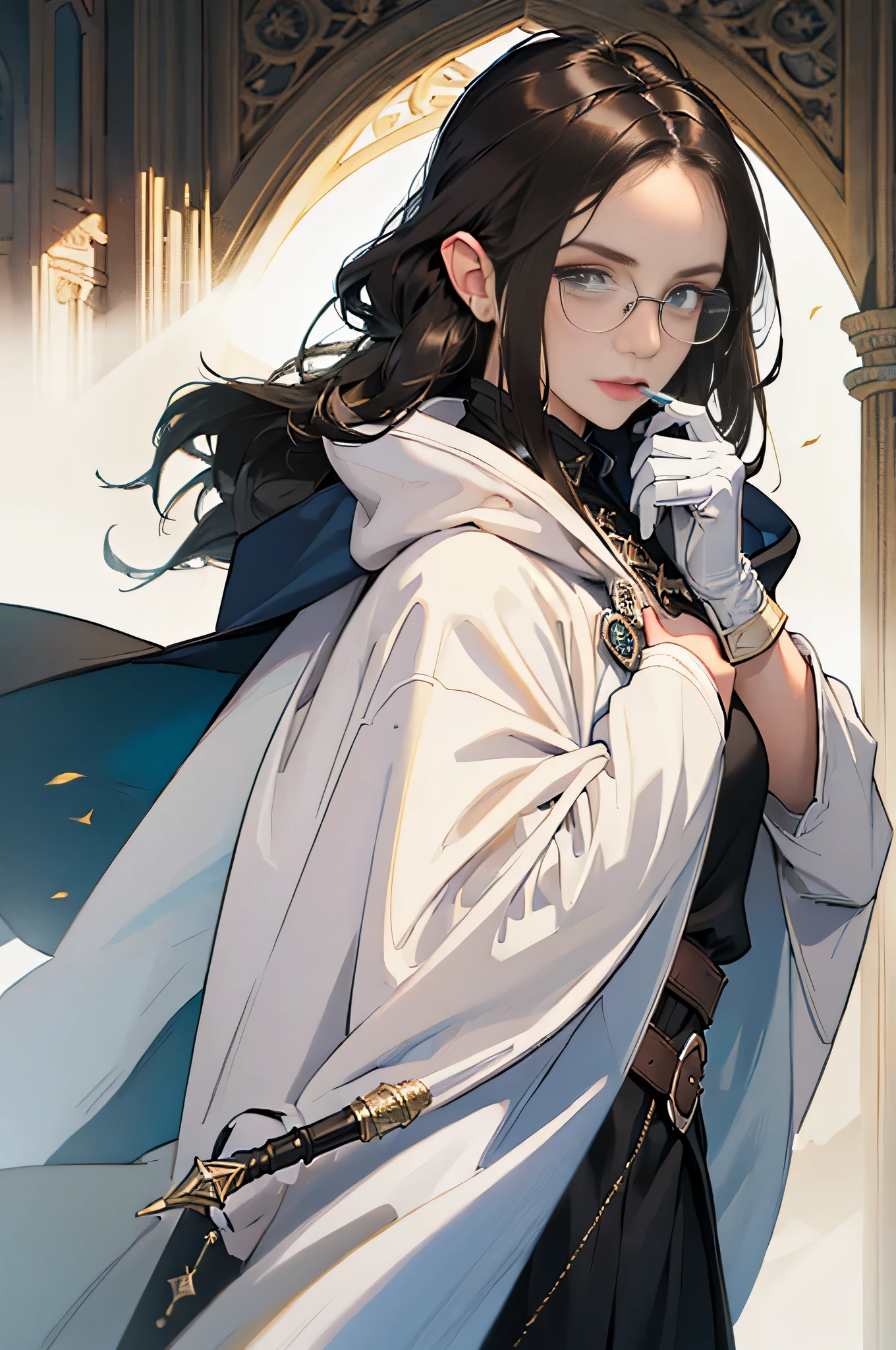 (((((girl))))), masterpiece, super detailed, 8K portrait, Raw photo, female portrait photography, full body, Highly detailed smile, ((fantasy)), (((hobbit))), ((adult)), 45 years old, 110cm, (((Alchemist))), ((white skin)), (((Greenish dark brown long straight hair))), dull bangs, (((navy blue silk long cloak))) fluttering in the wind, (((white inner coat))), long skirt leather gloves, (((Glasses))), (((has a cane))), midday sun, surreal, slender body, Near the fog castle, environmental lighting, shadow details, focus the camera on the face, strong wind, light fog
