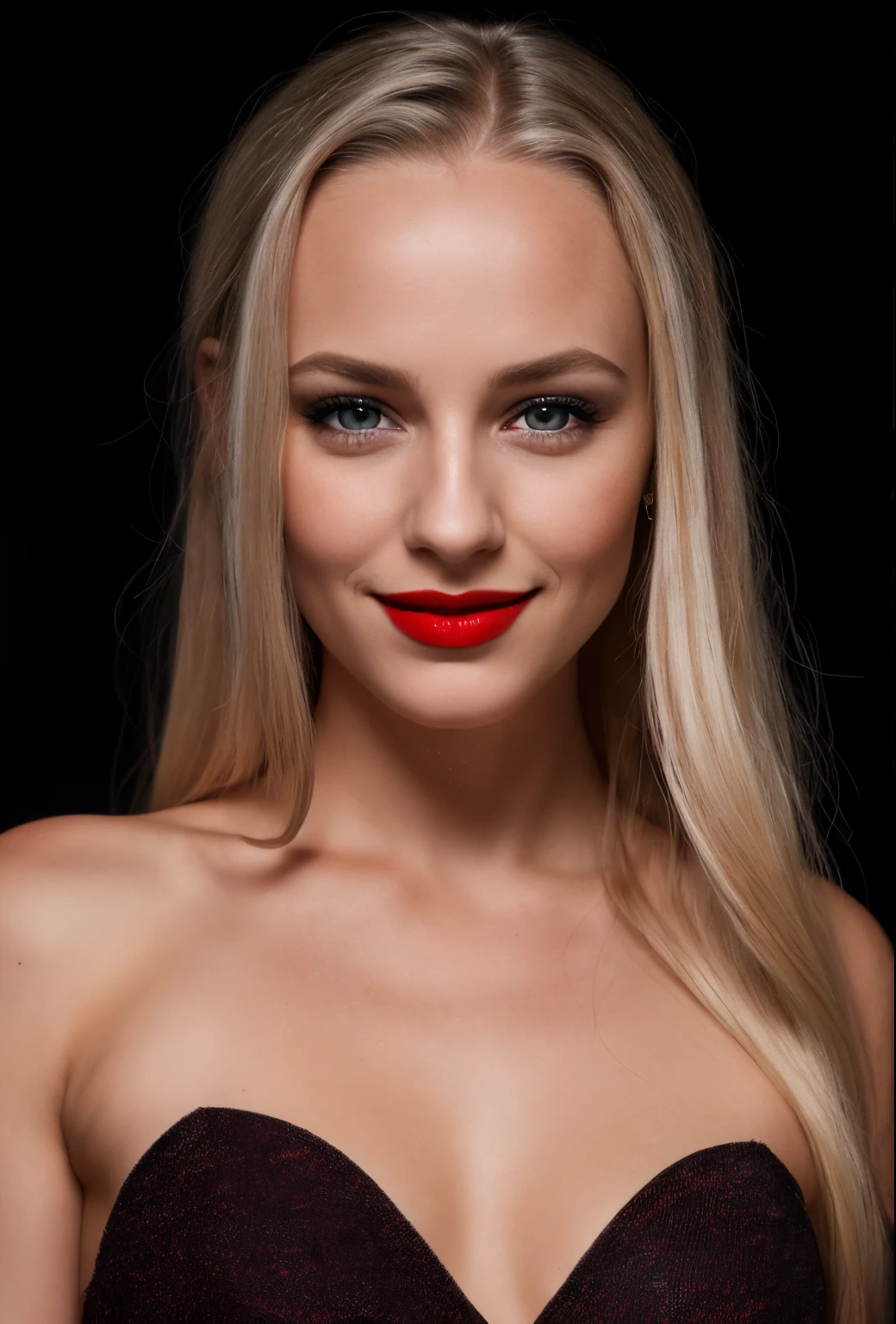 1 girl,Black background,forehead,grey eyes ,lips,long blonde hair,I look at the viewer, nice smile, draw up,a mole,spout ,portrait,realistic,red lips,RAW photo,8 k,realistic skin details,realistic hair details,perfect skin,8 k uhd,SLR camera,high quality