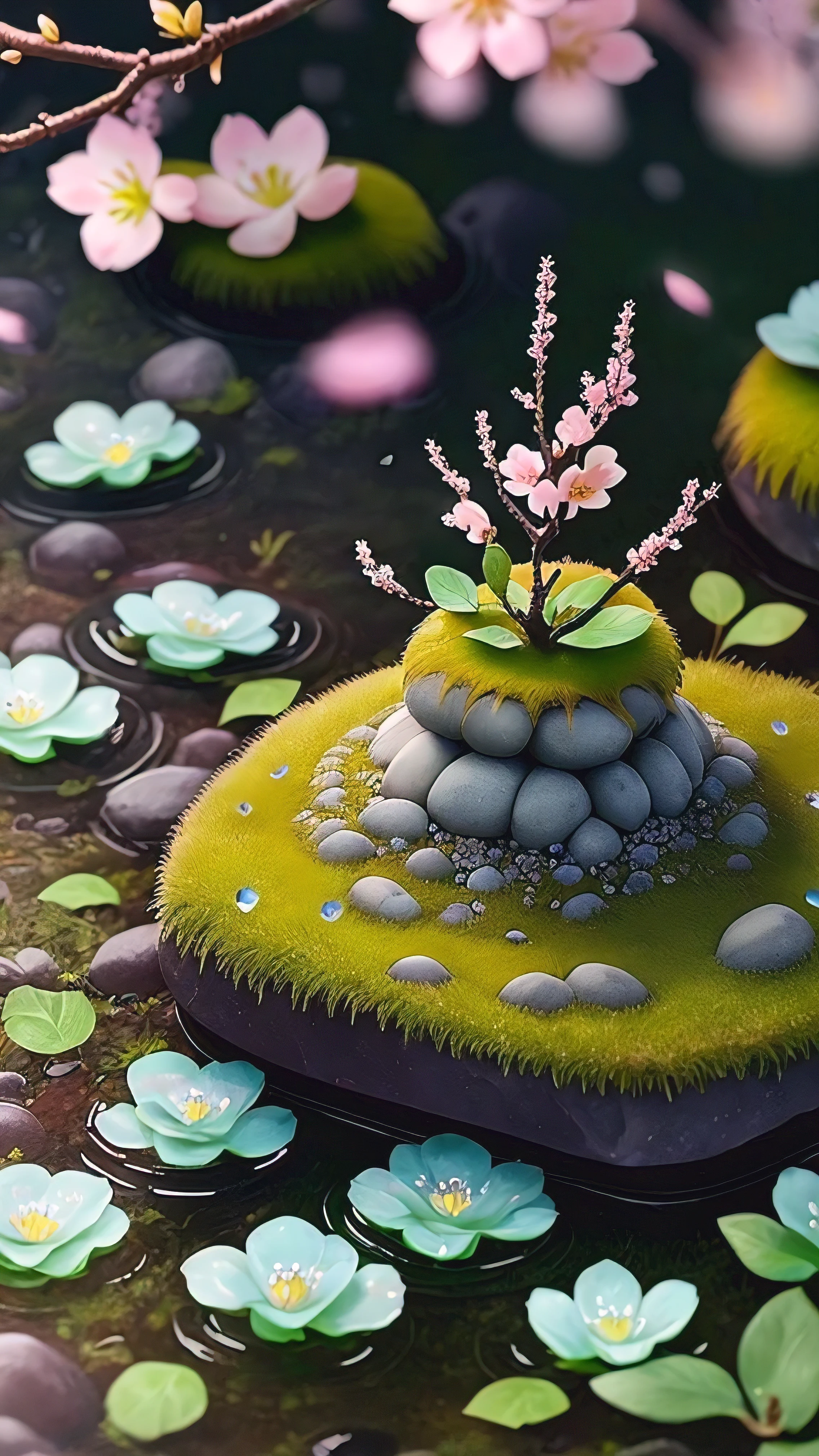 Mossy feet on stones in green valley，A plum blossom，petals huge，honey green blue，Pink，There are dewdrops on the petals，HD quality，Real shot。